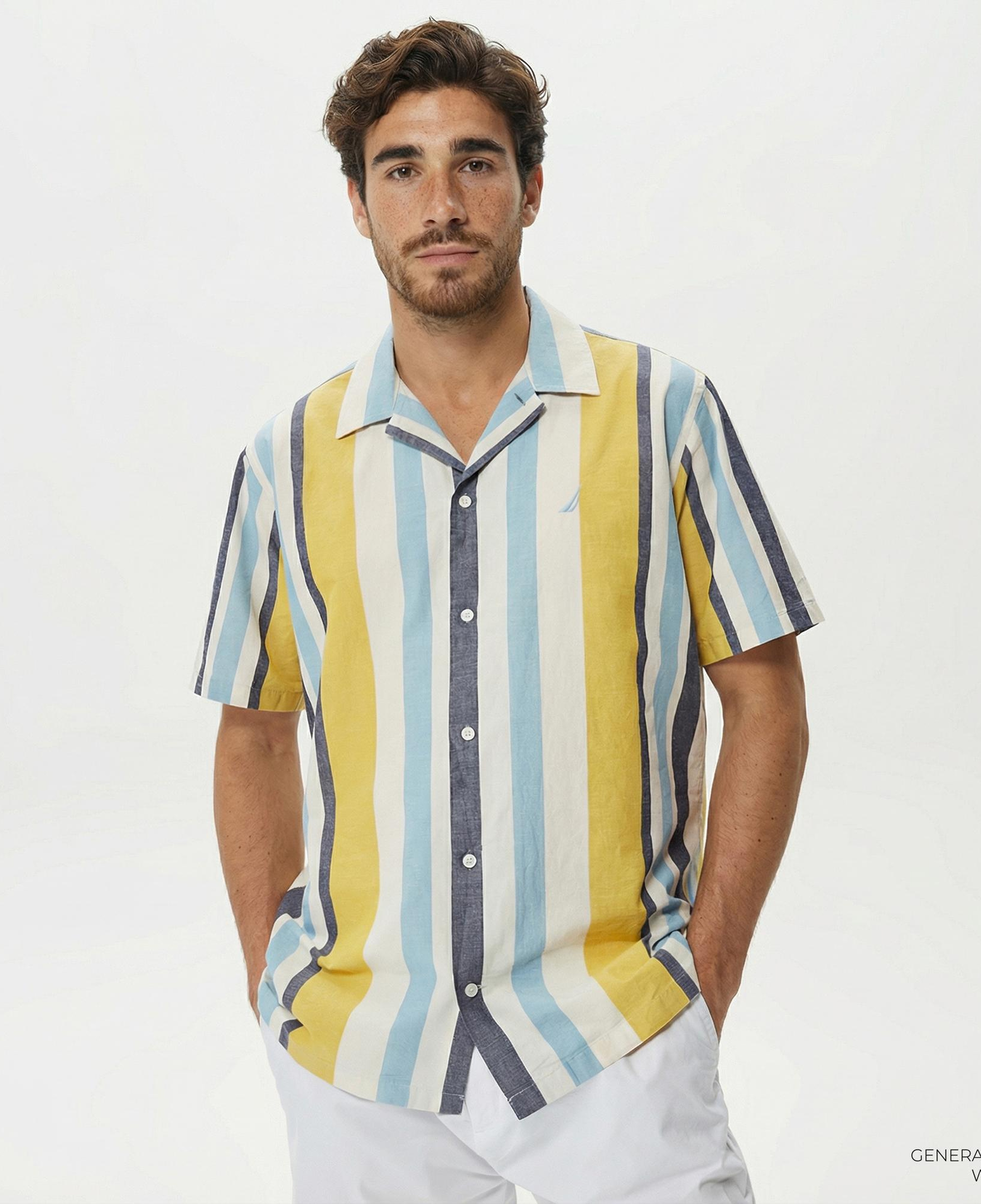 Nautica Erkek Çizgili Classic Renkli Fit Kısa Kollu Keten Gömlek