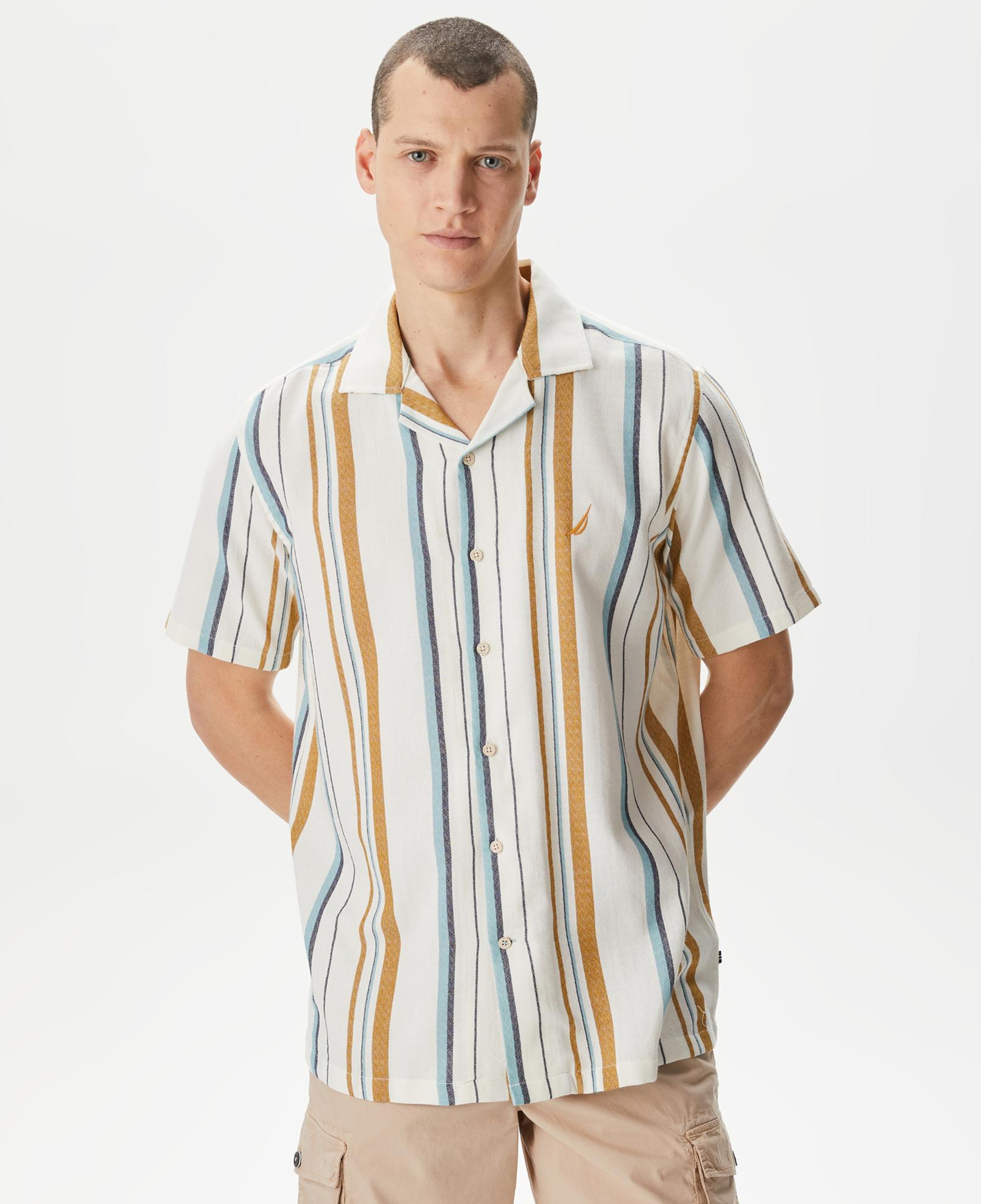 Nautica Erkek Kırık Beyaz Classic Fit Kısa Kollu Çizgili Gömlek