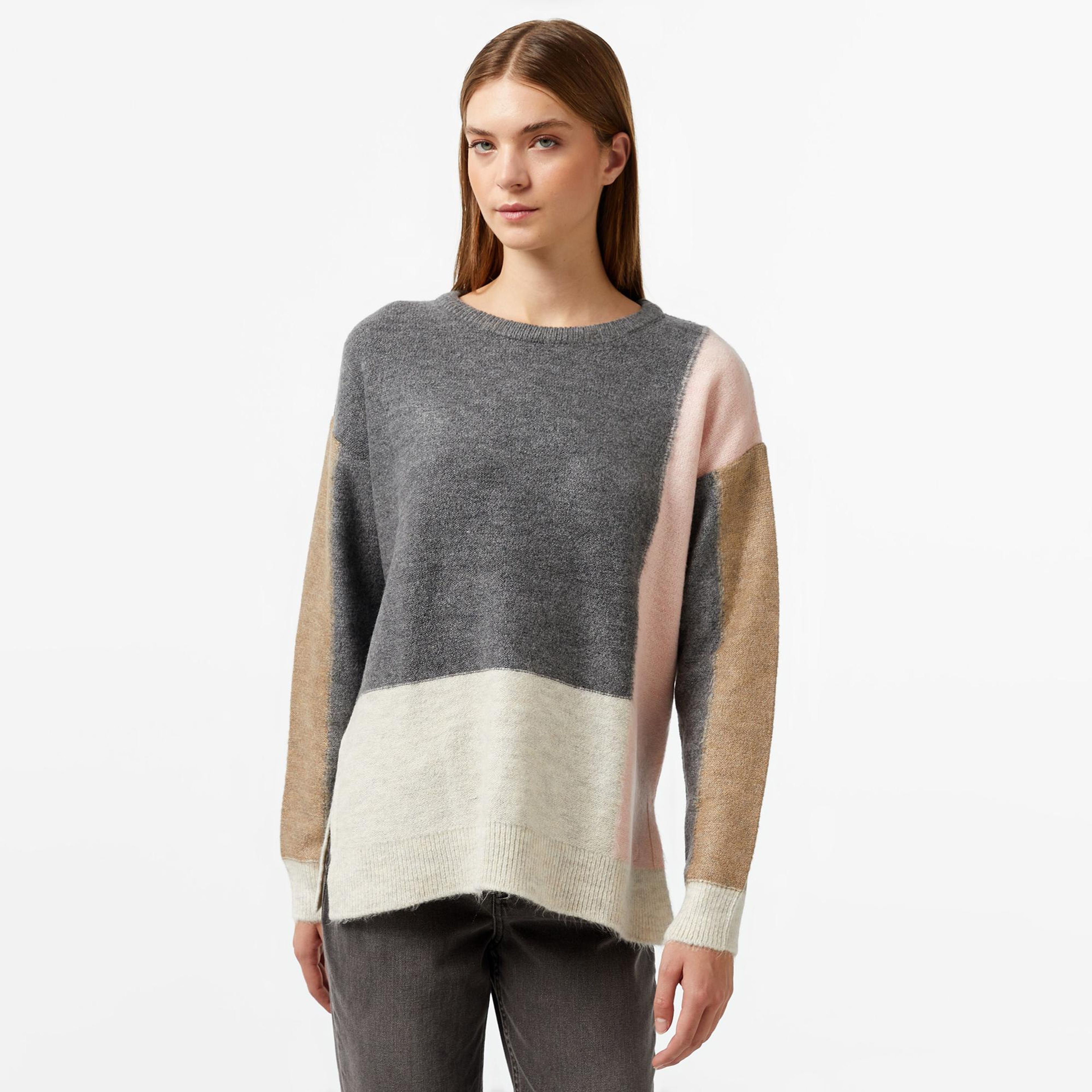 Nautica Kadın Gri Renk Bloklu Regular Fit Triko