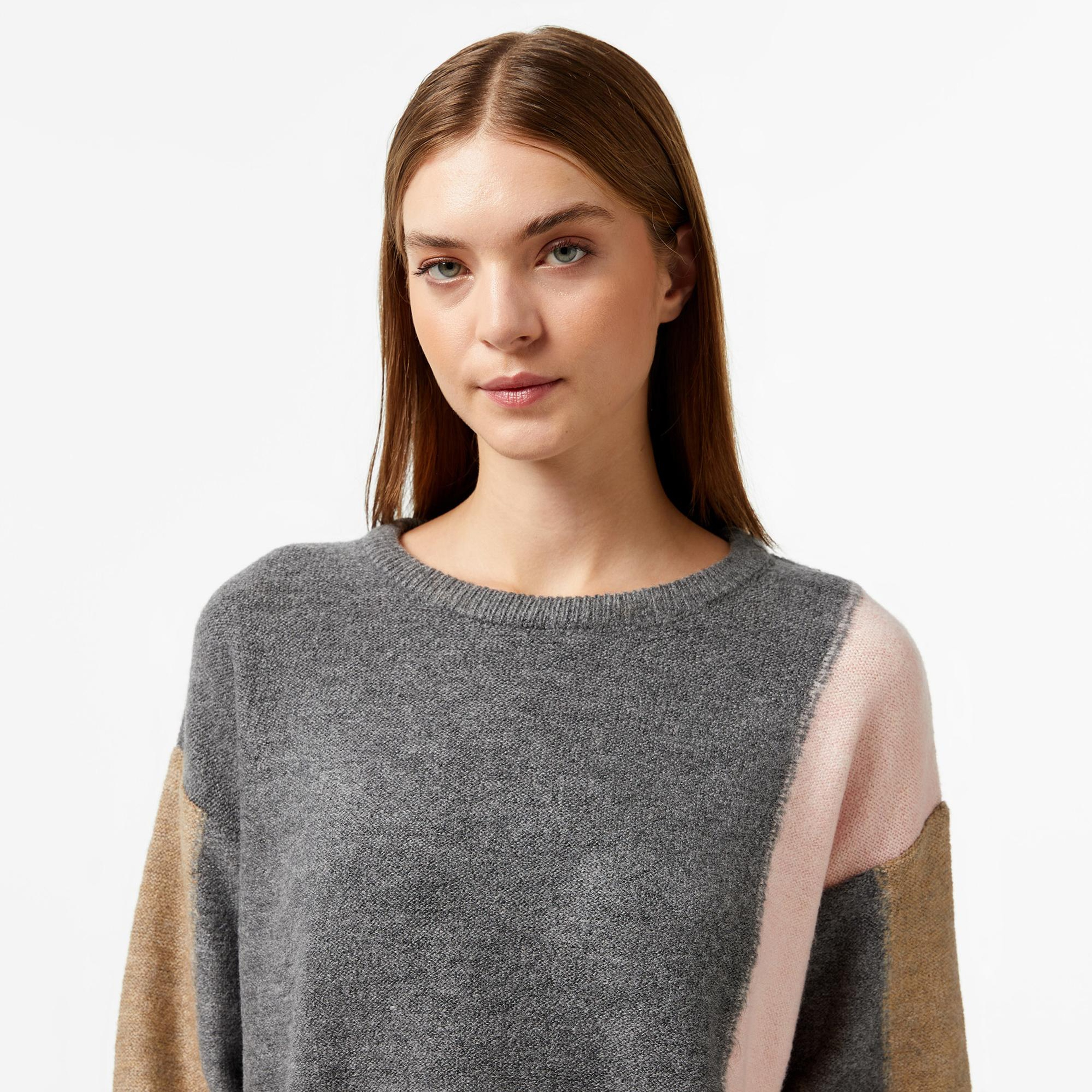 Nautica Kadın Gri Renk Bloklu Regular Fit Triko