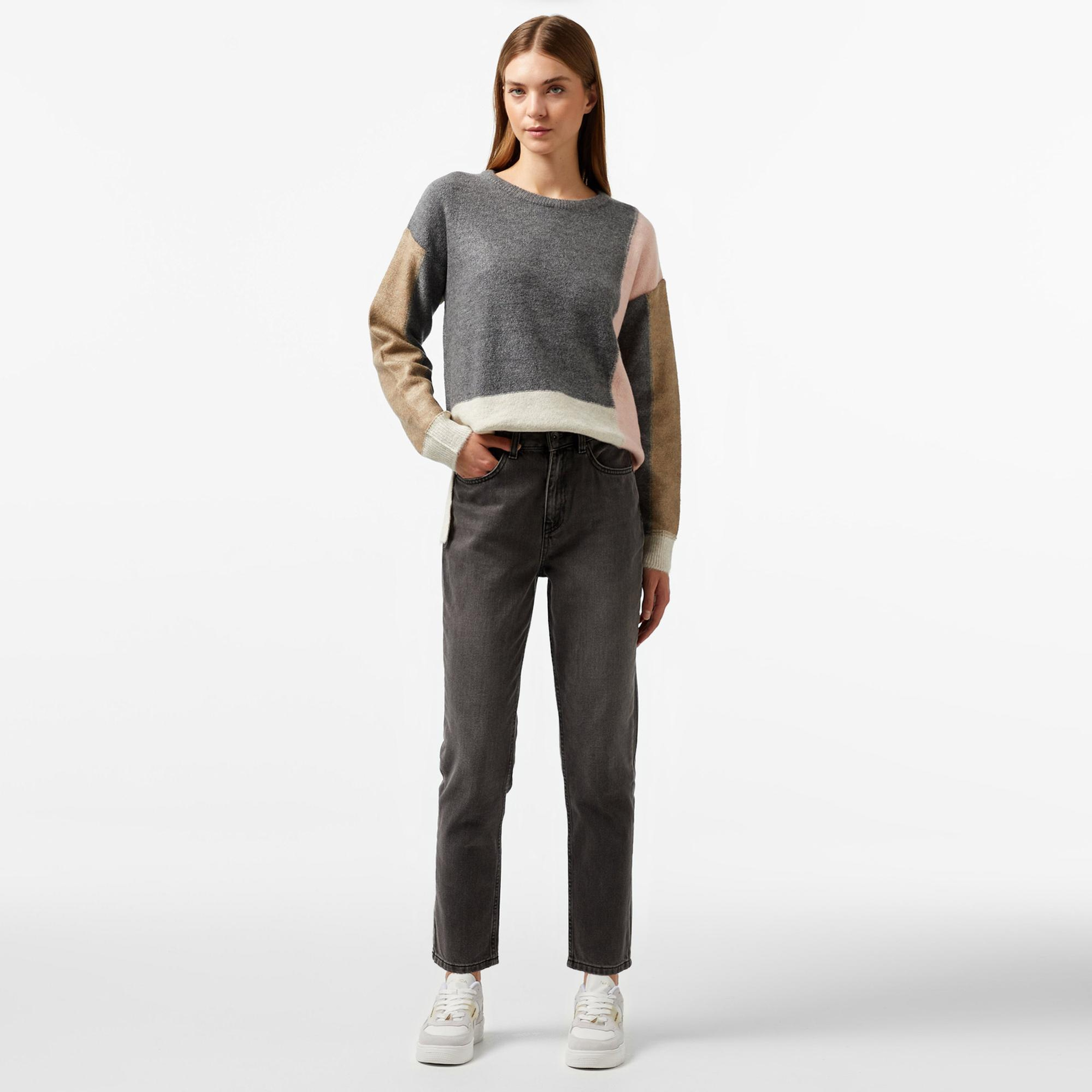 Nautica Kadın Gri Renk Bloklu Regular Fit Triko