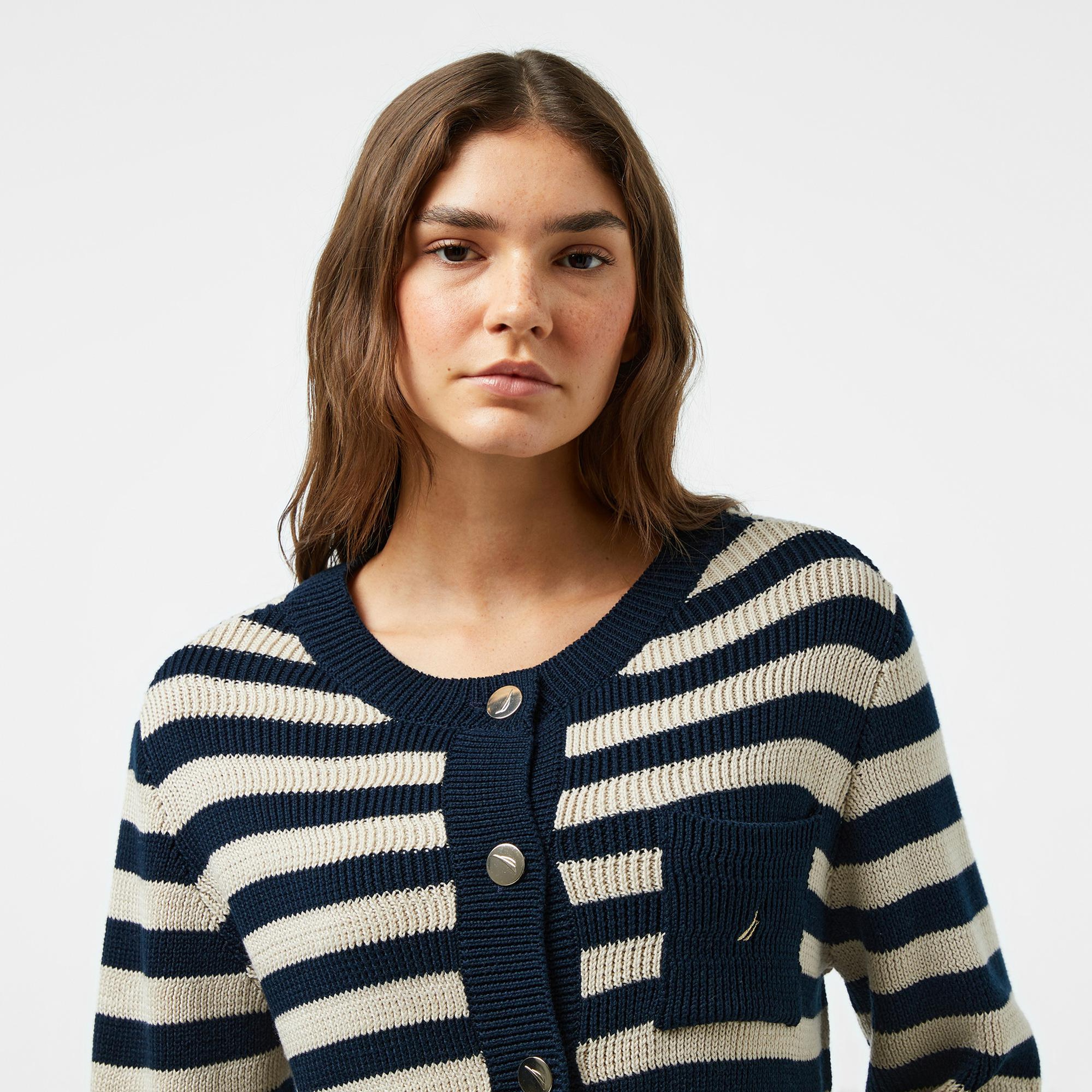 Nautica Kadın Lacivert Çizgili Regular Fit Hırka