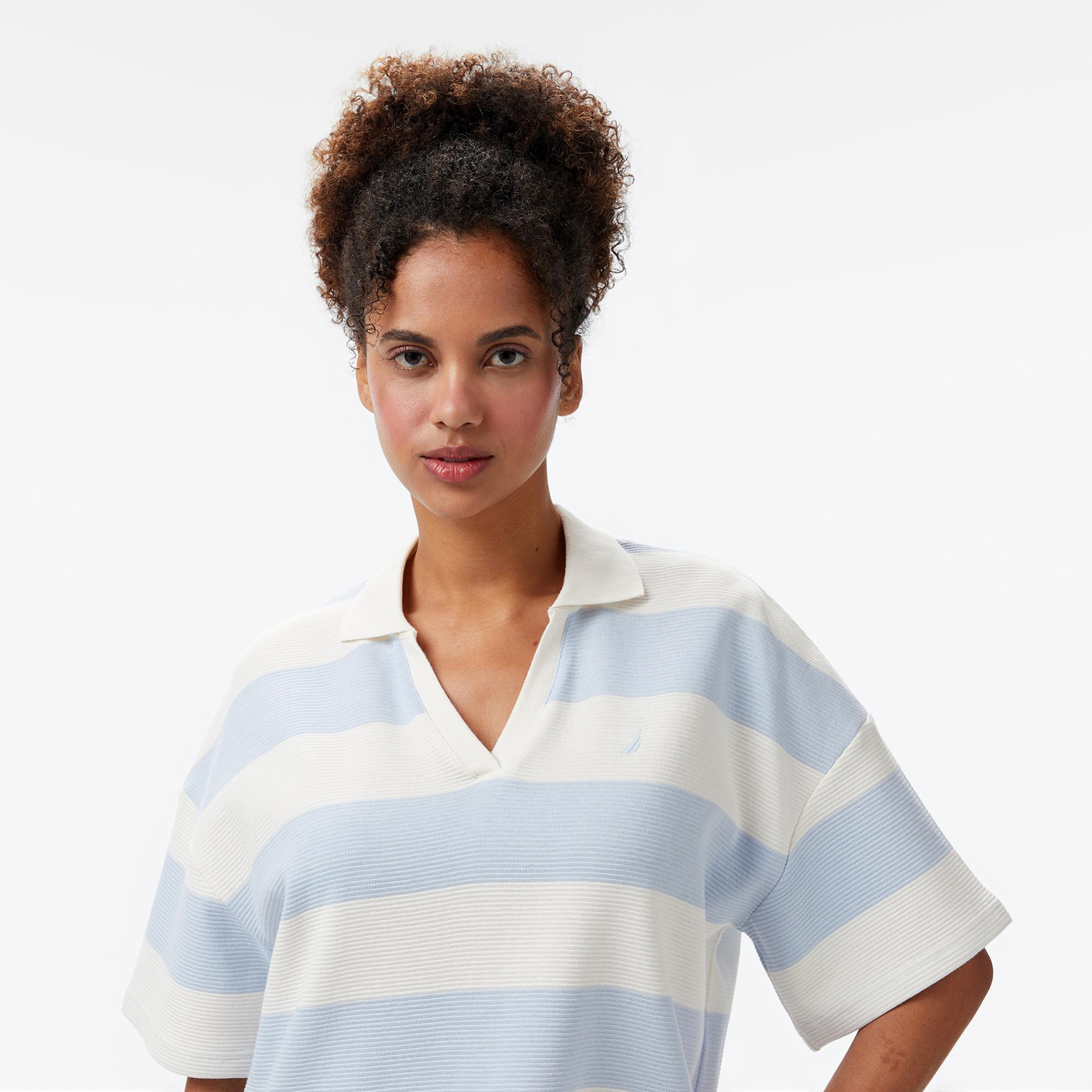 Nautica Kadın Mavi Regular Fit Çizgili Polo Yaka T-Shirt