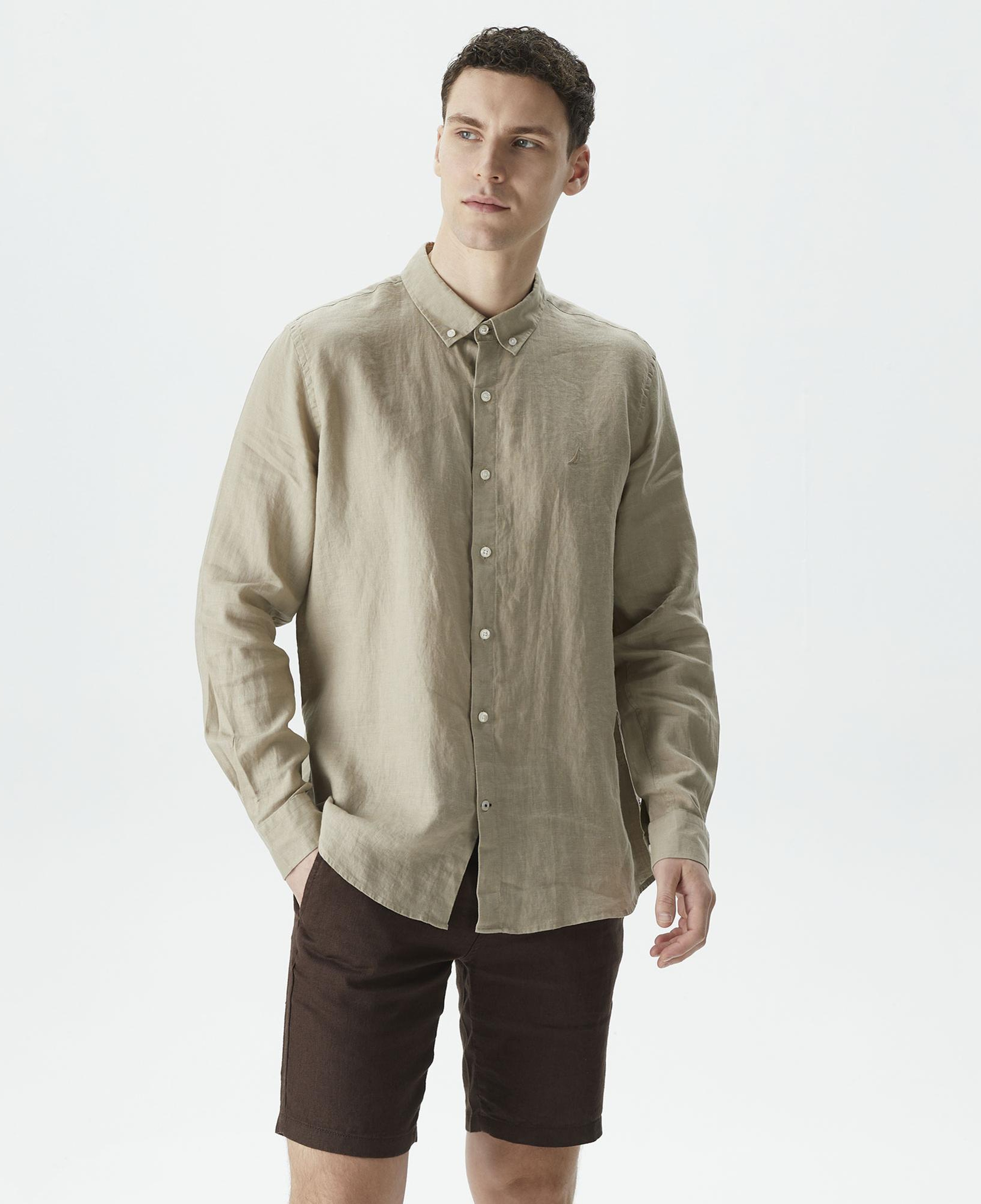 Nautica Erkek Bej Classic Fit Uzun Kollu Keten Gömlek