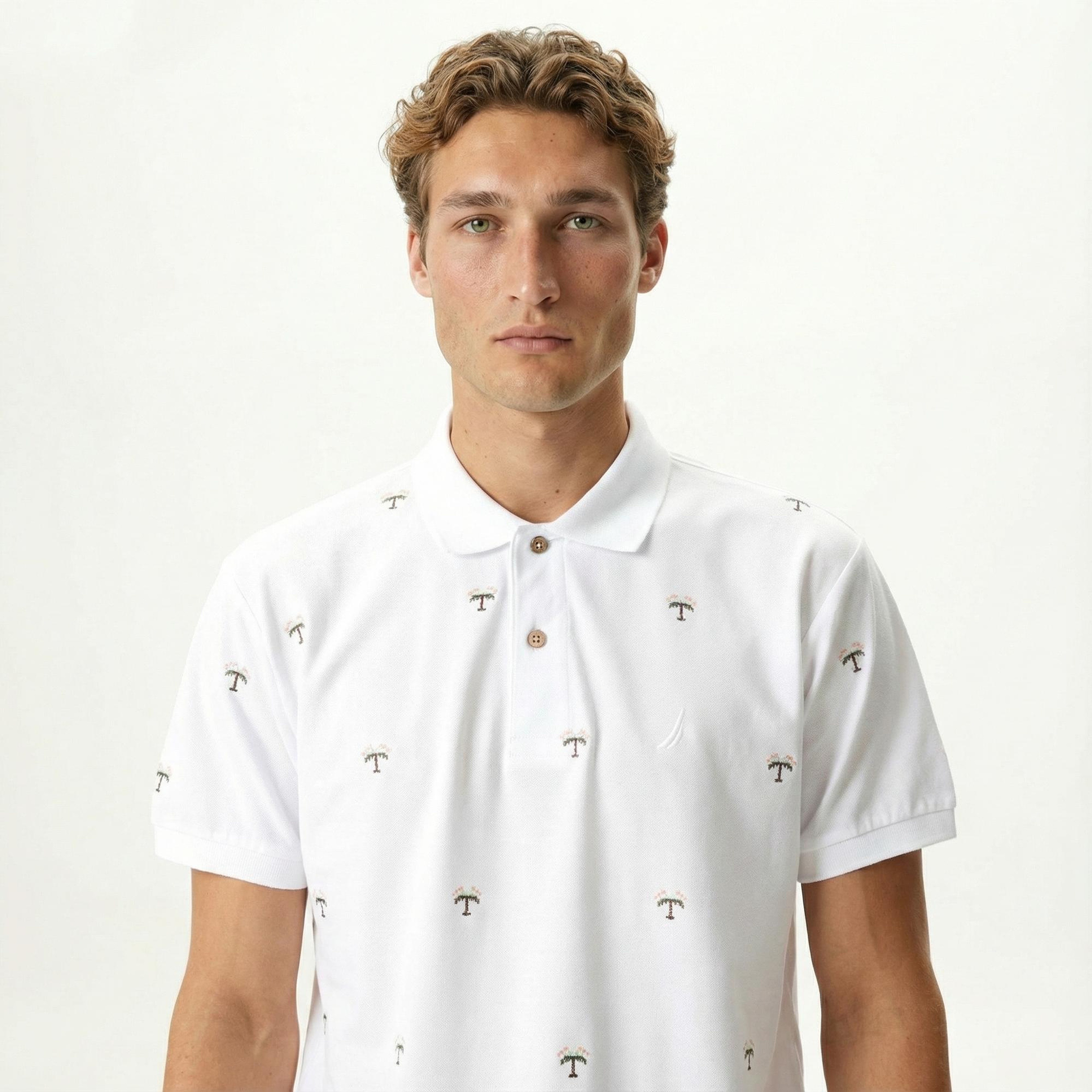 Nautica Erkek Beyaz Classic Fit Kısa Kollu Desenli Polo Yaka T-Shirt