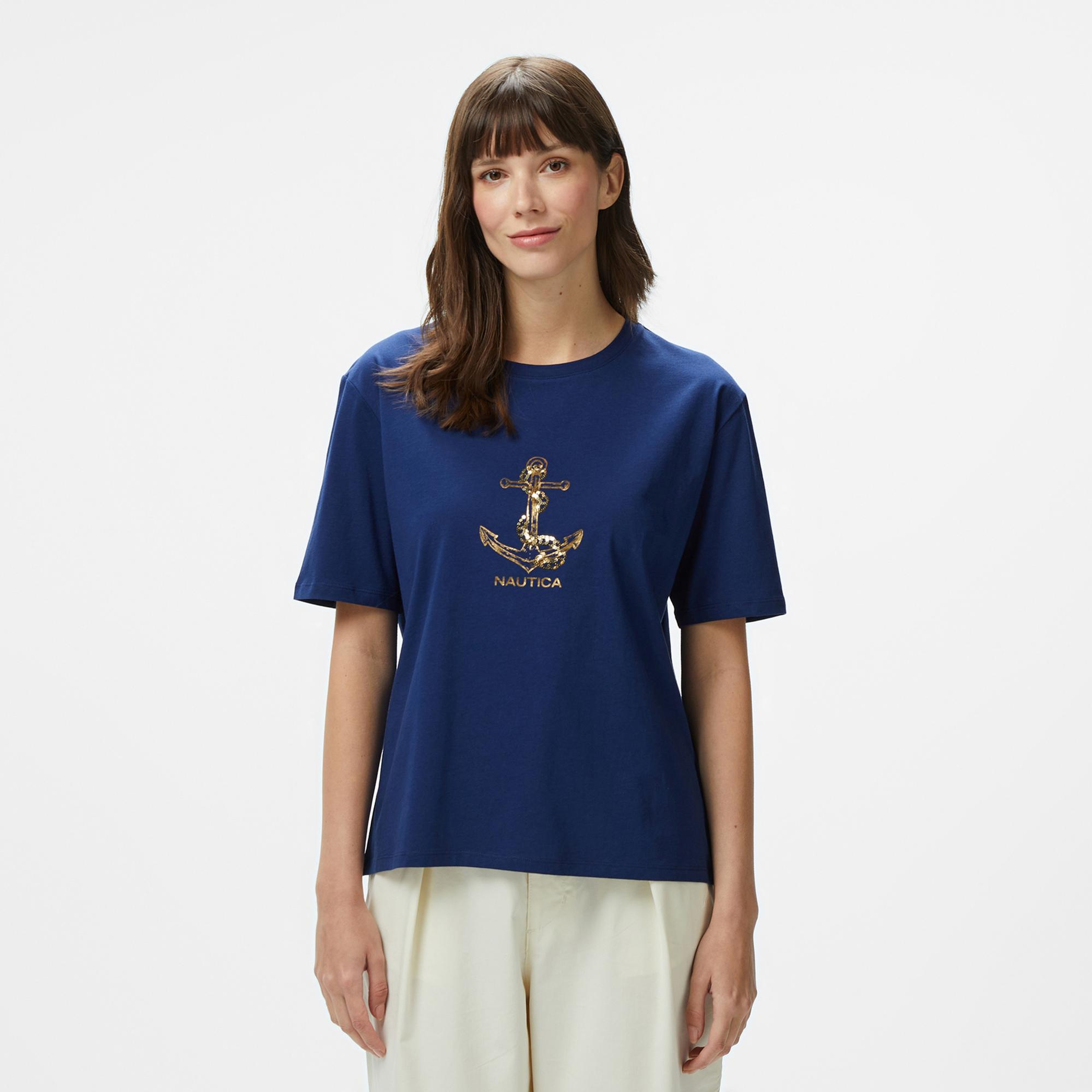 Nautica Kadın Lacivert Regular Fit Nakışlı T-Shirt