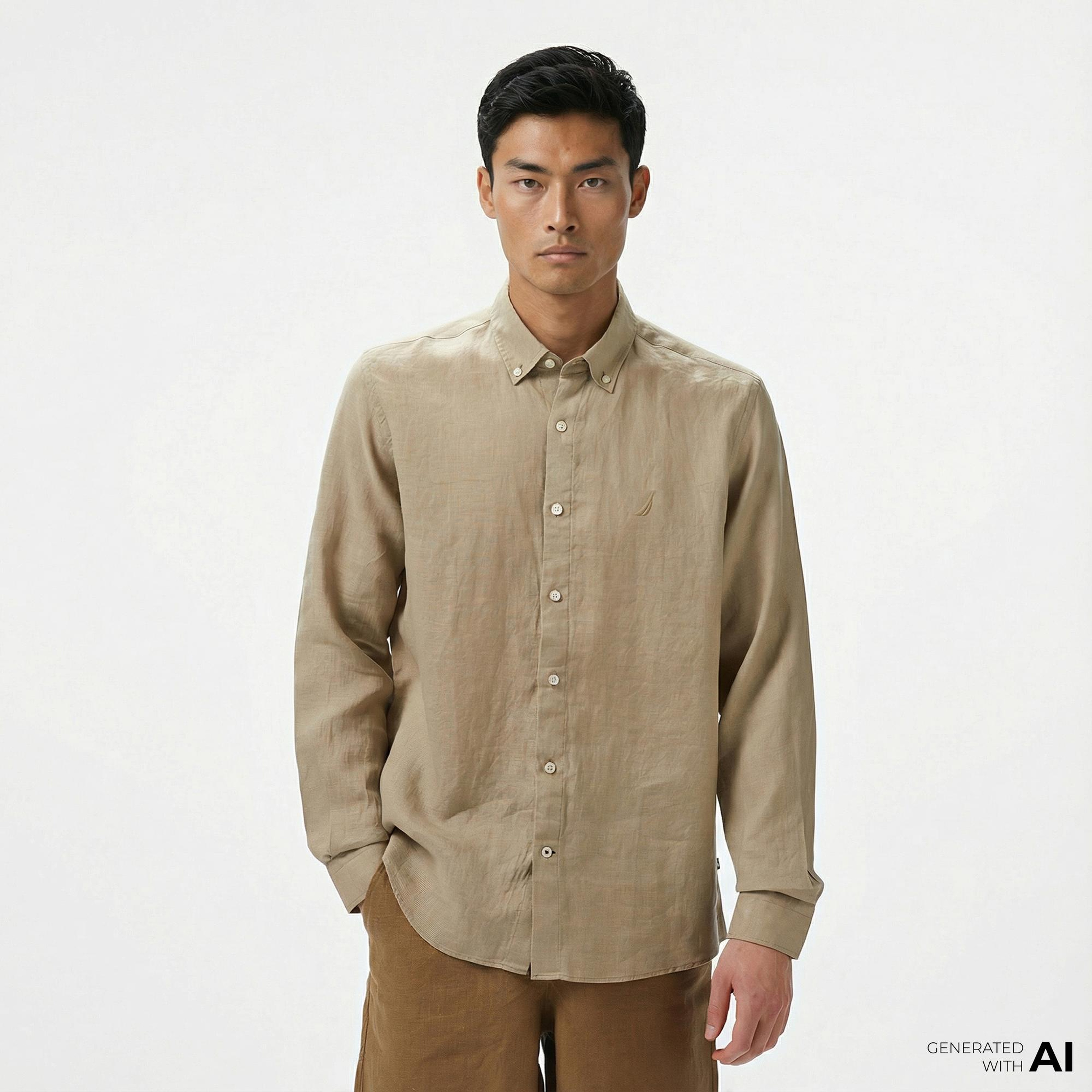 Nautica Erkek Bej Classic Fit Keten Gömlek