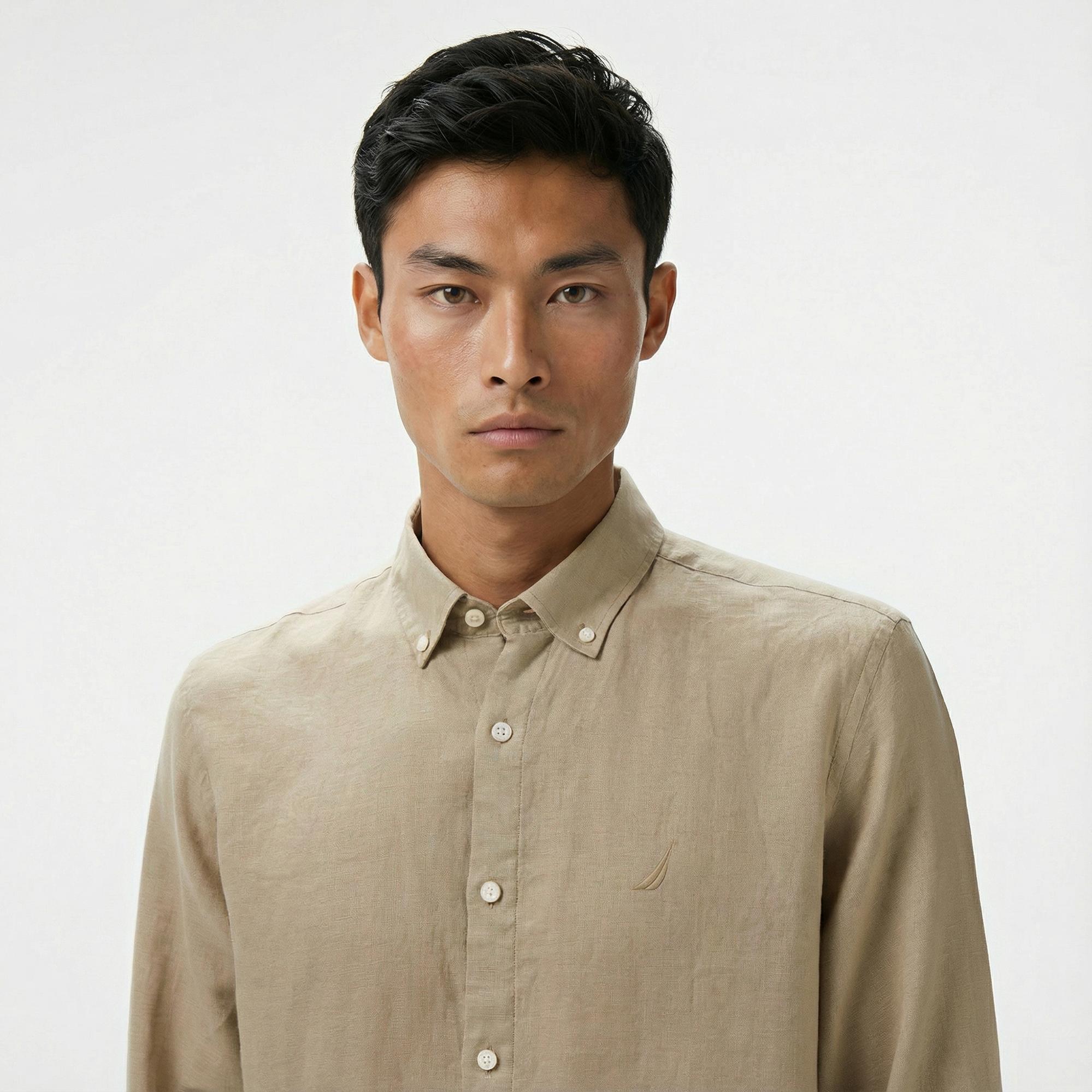 Nautica Erkek Bej Classic Fit Keten Gömlek