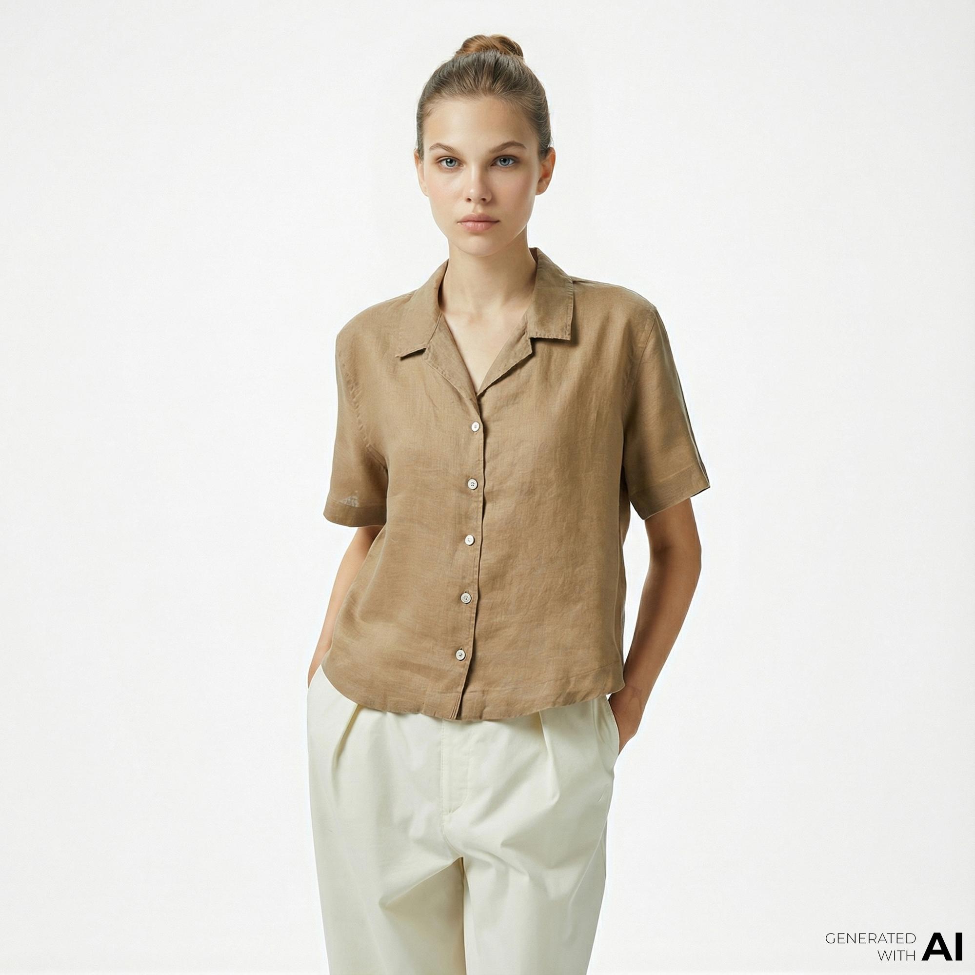 Nautica Kadın Kahverengi Regular Fit Keten Gömlek