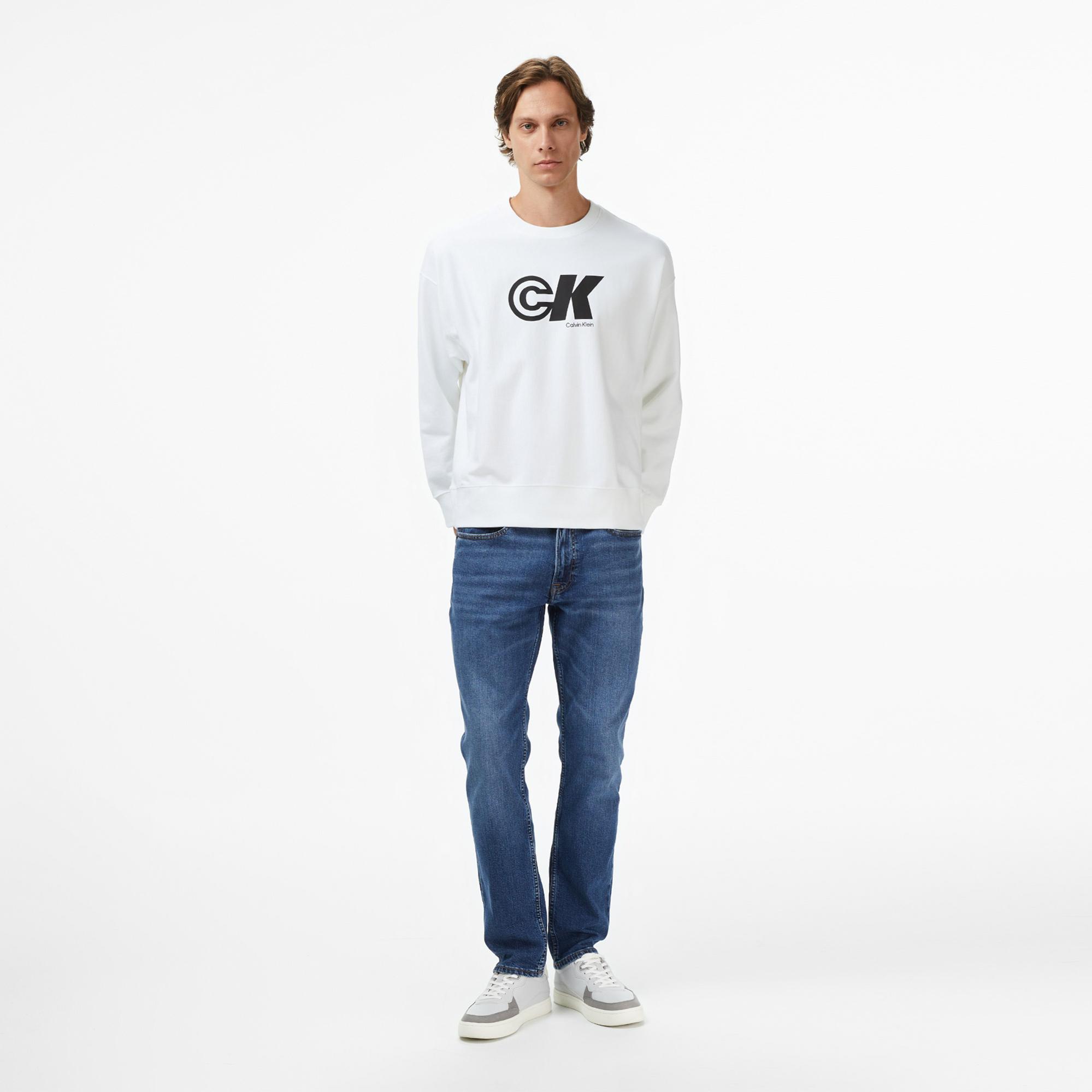 Calvin Klein Premium Terry Sport Graphic Erkek Beyaz Sweatshirt