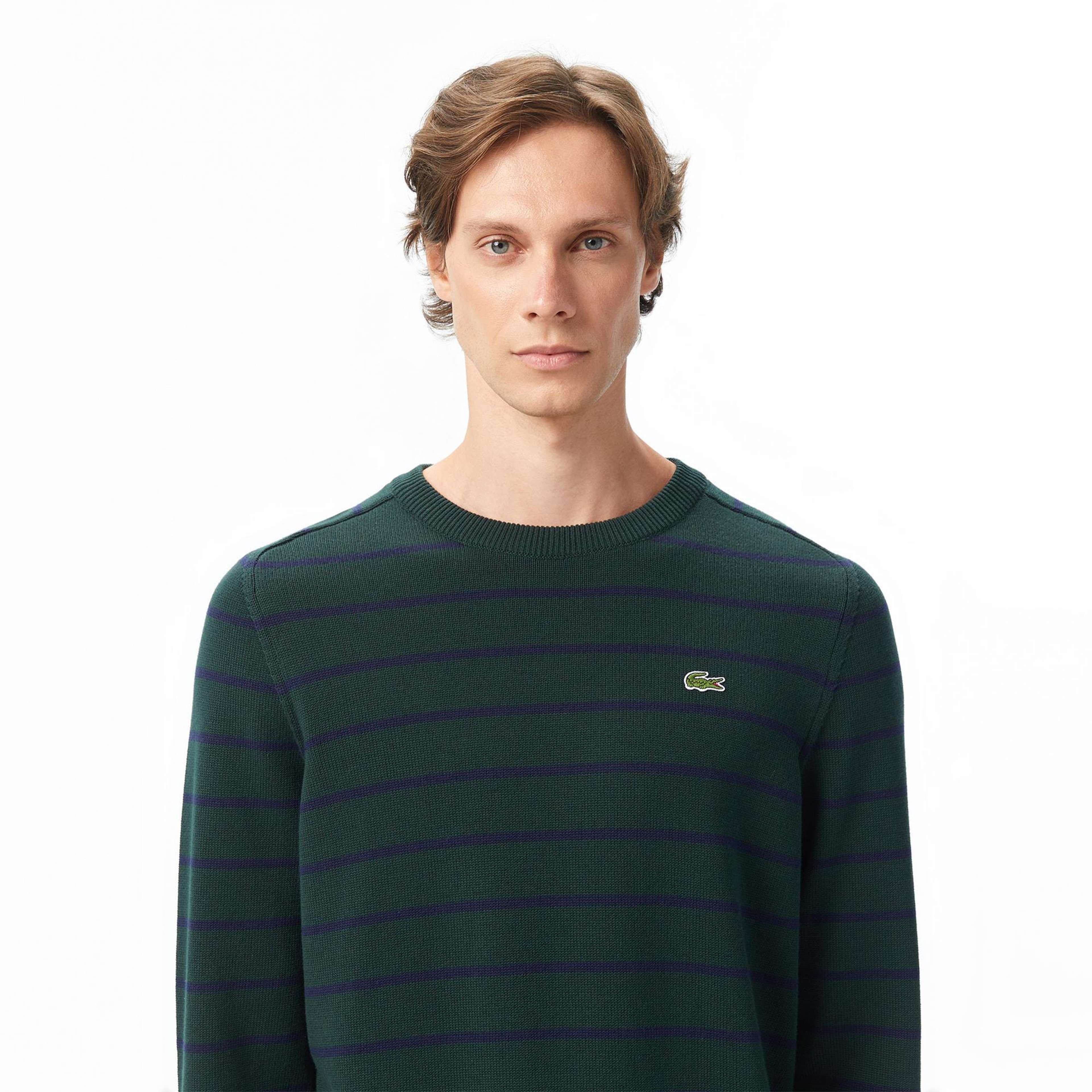 Lacoste Erkek Classic Fit Bisiklet Yaka Çizgili Yeşil Kazak