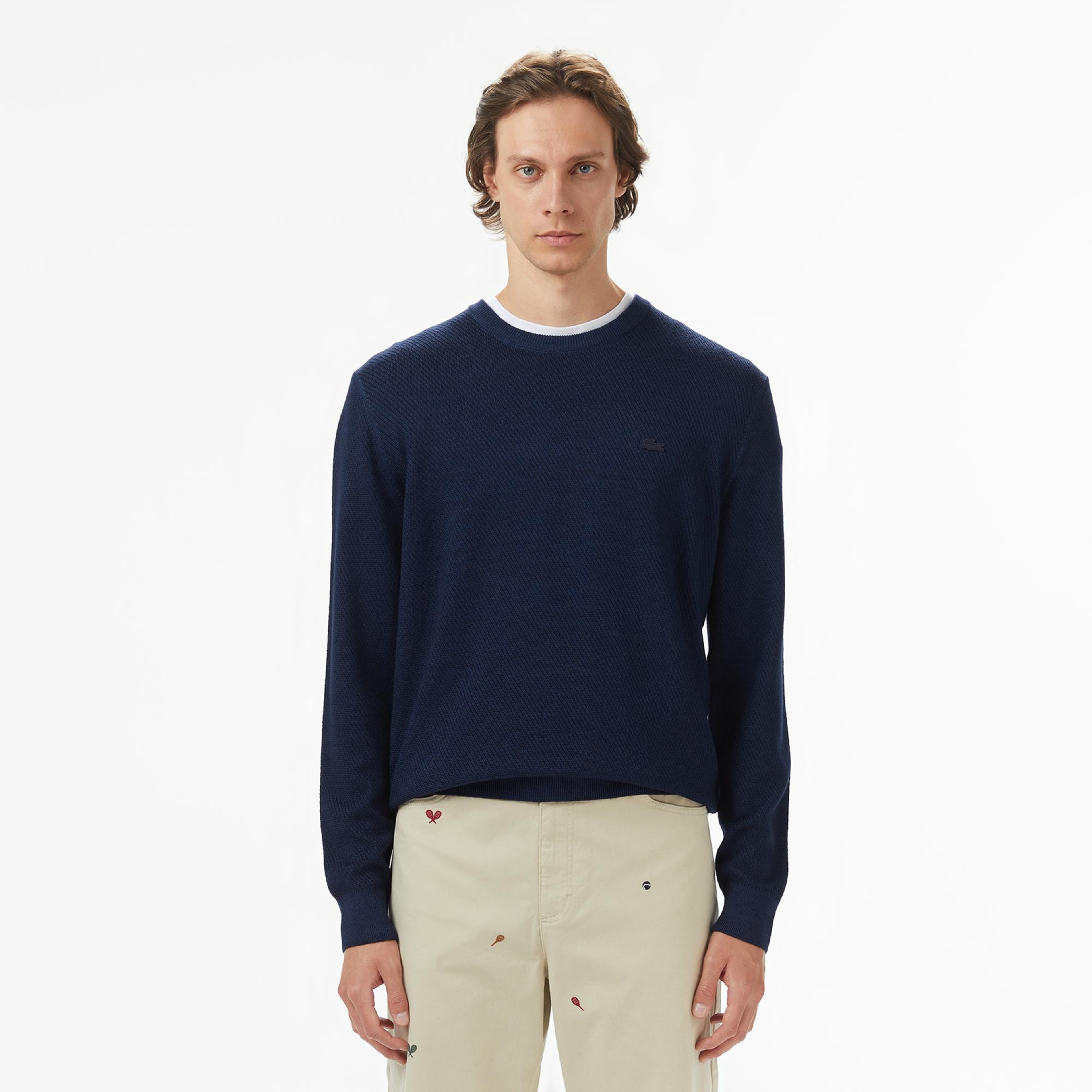 Lacoste Erkek Classic Fit Bisiklet Yaka Yün Lacivert Kazak