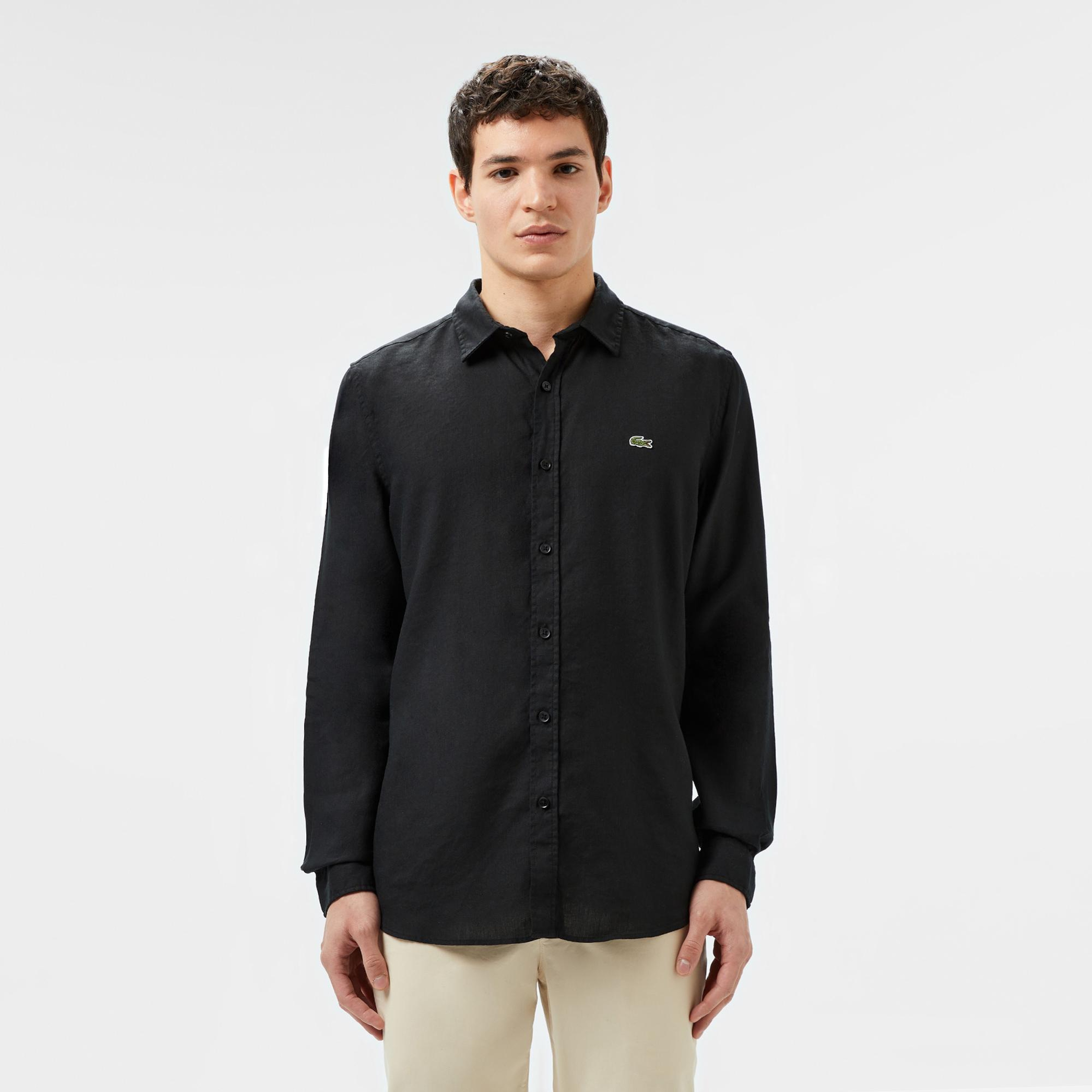 Lacoste Erkek Slim Fit Keten Siyah Gömlek