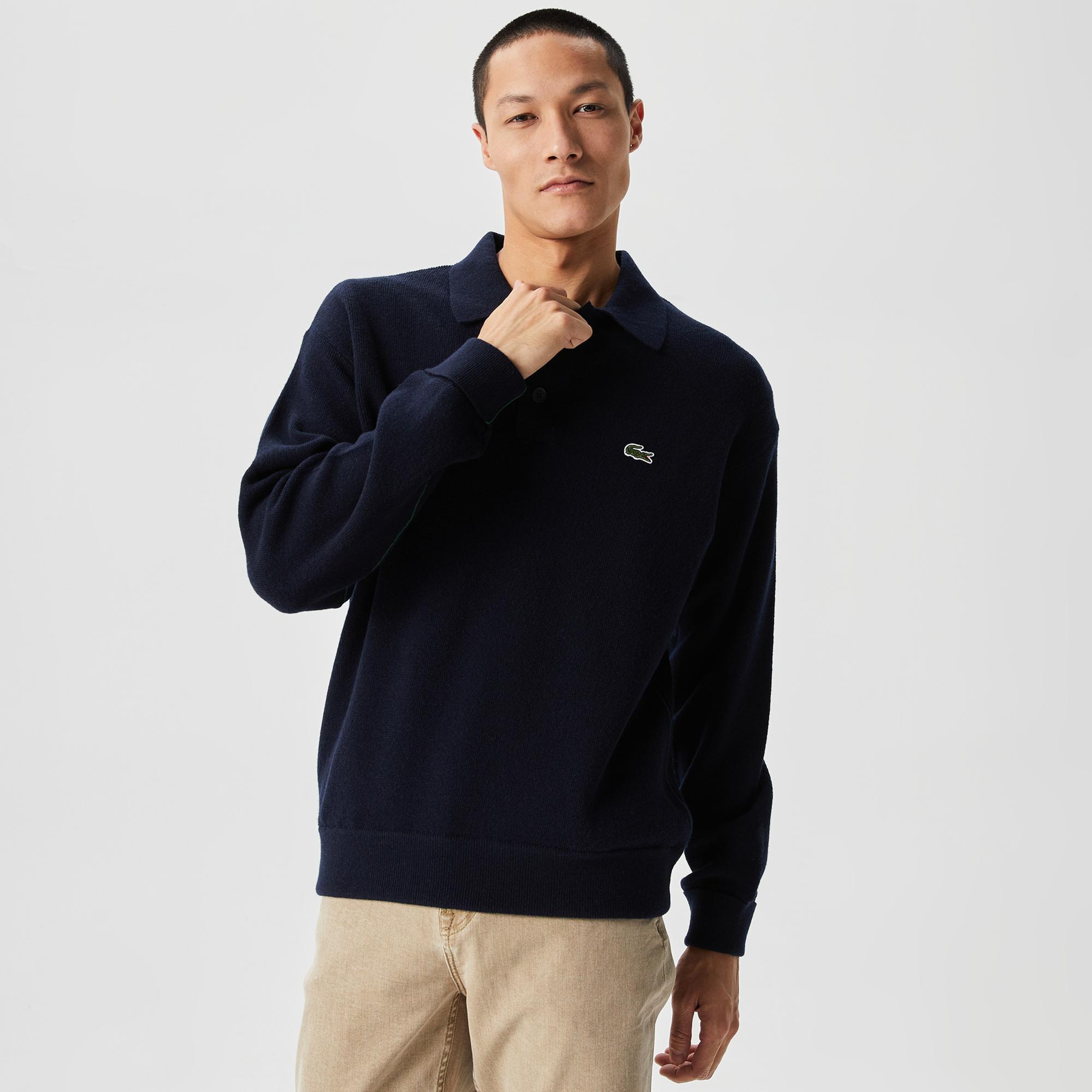 Lacoste Erkek Relaxed Fit Polo Yaka Yün Lacivert Triko