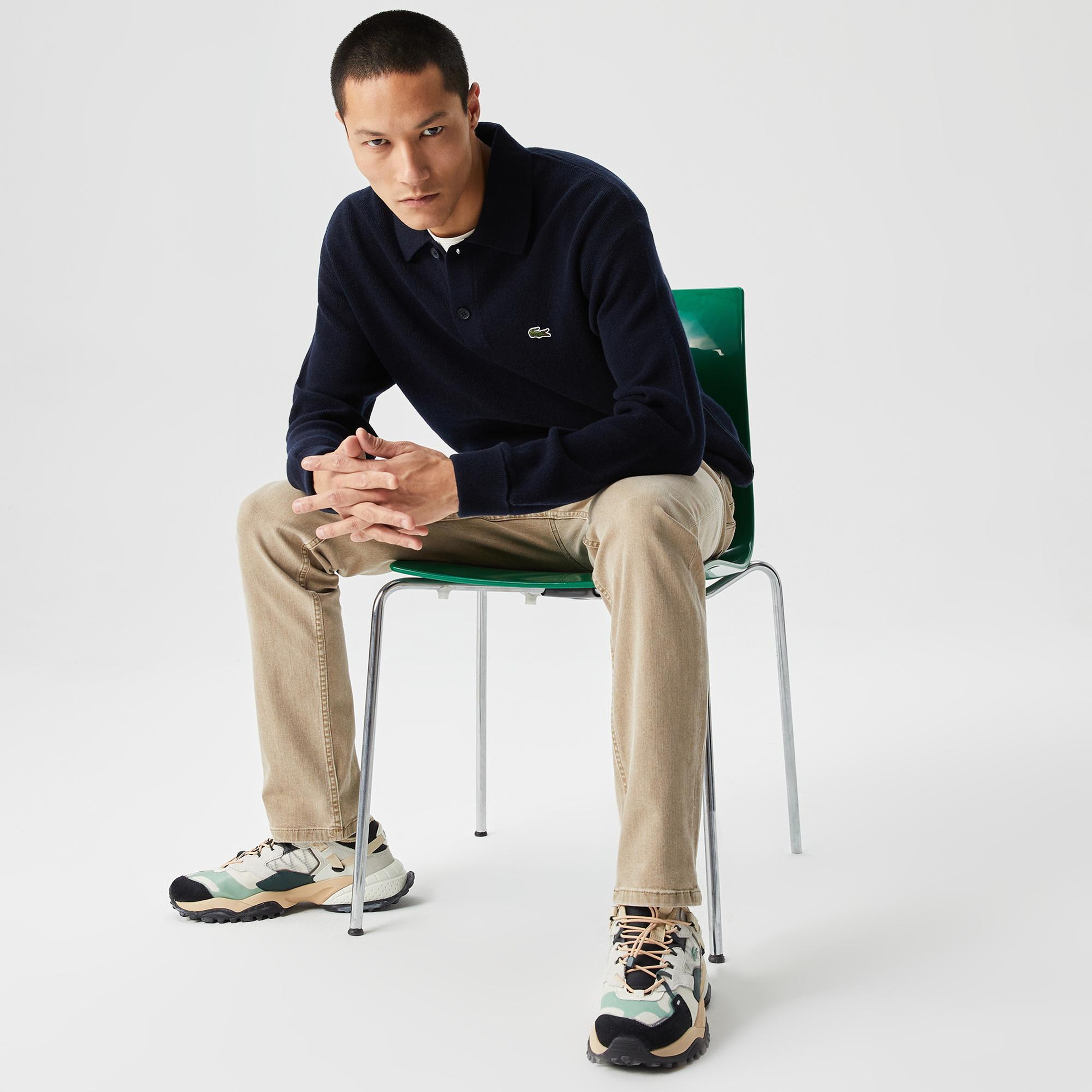 Lacoste Erkek Relaxed Fit Polo Yaka Yün Lacivert Triko