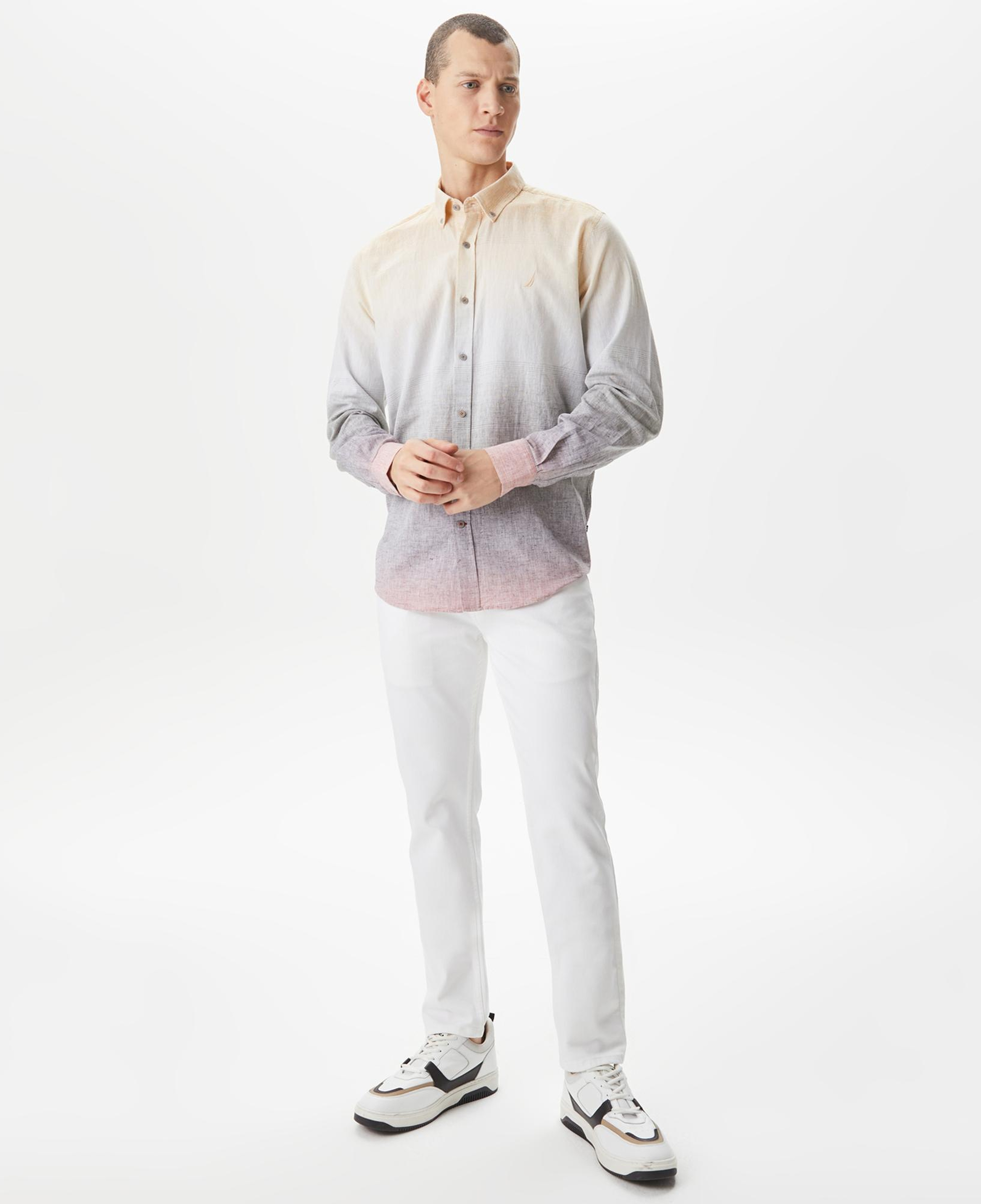 Nautica Erkek Bej Classic Fit Uzun Kollu Renk Bloklu Gömlek