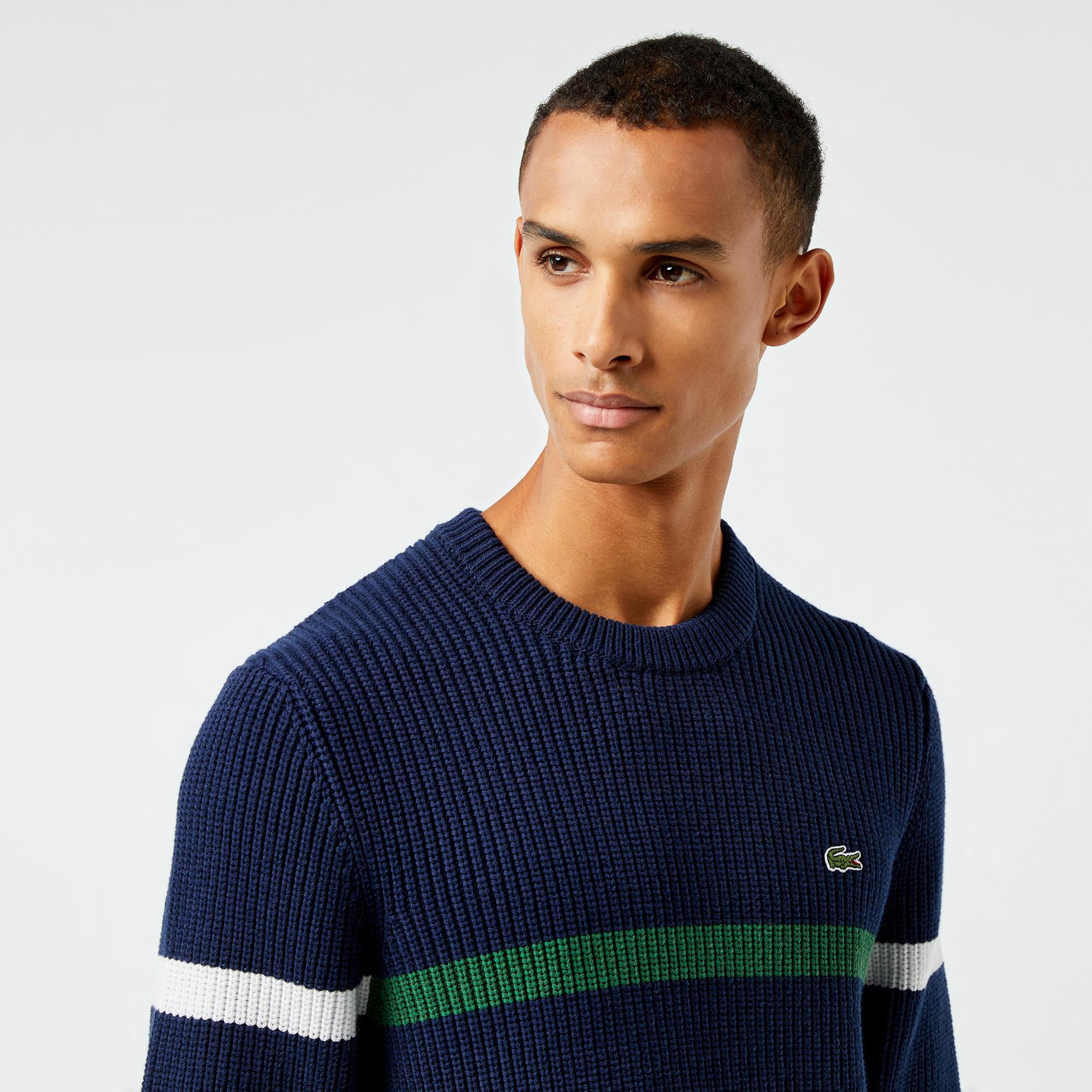 Lacoste Erkek Relaxed Fit Bisiklet Yaka Çizgili Lacivert Kazak