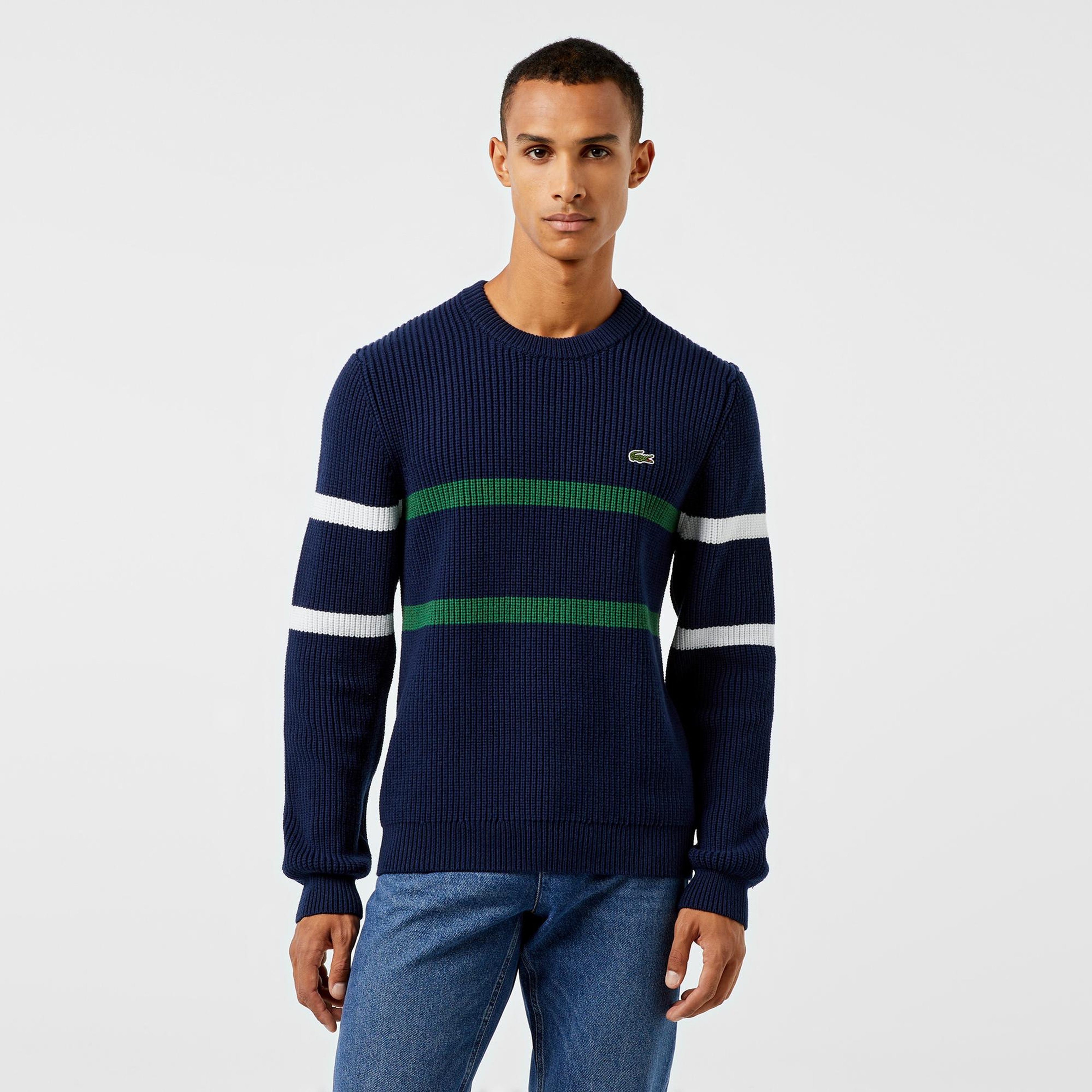 Lacoste Erkek Relaxed Fit Bisiklet Yaka Çizgili Lacivert Kazak