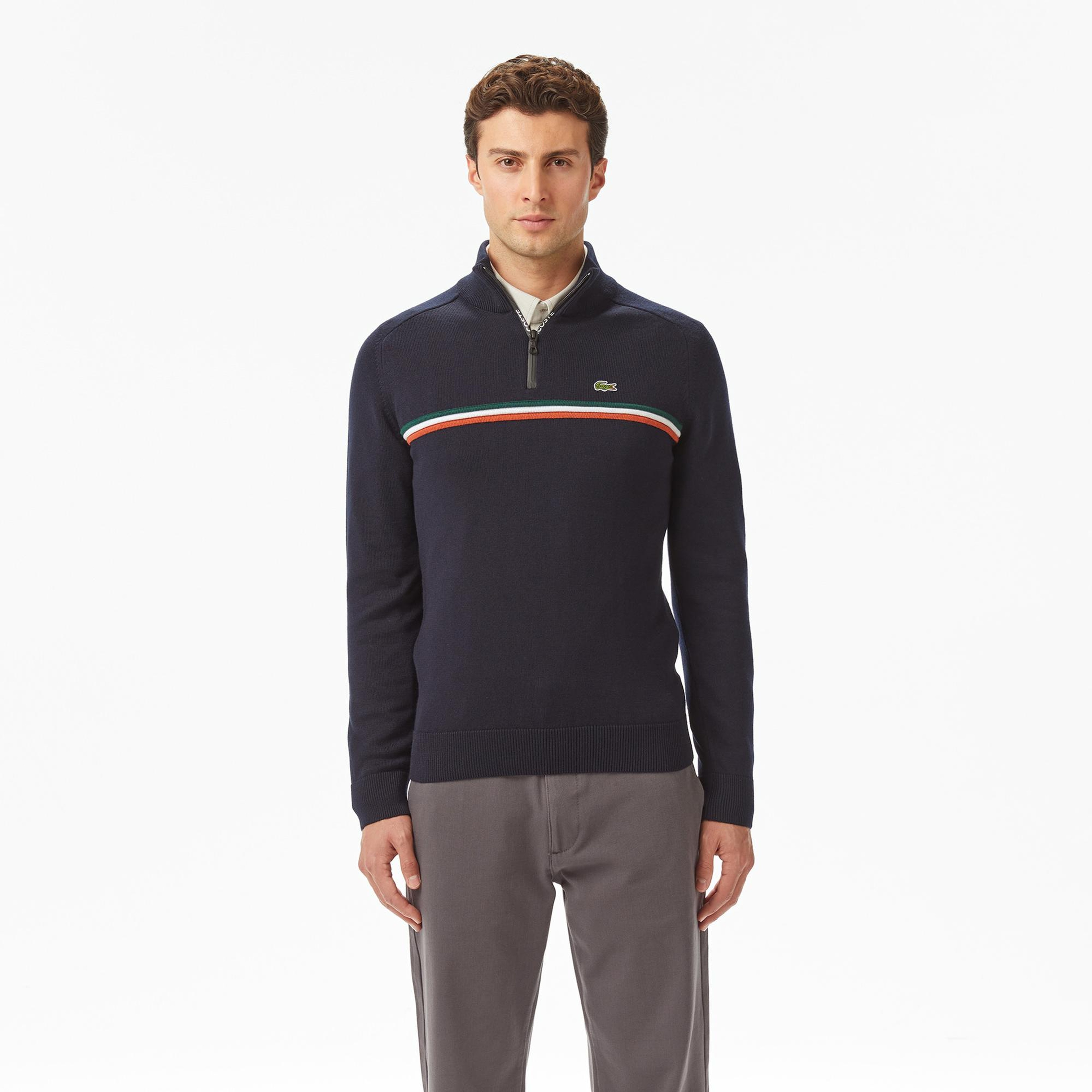 Lacoste Erkek Classic Fit Yarım Fermuarlı Çizgili Lacivert Kazak