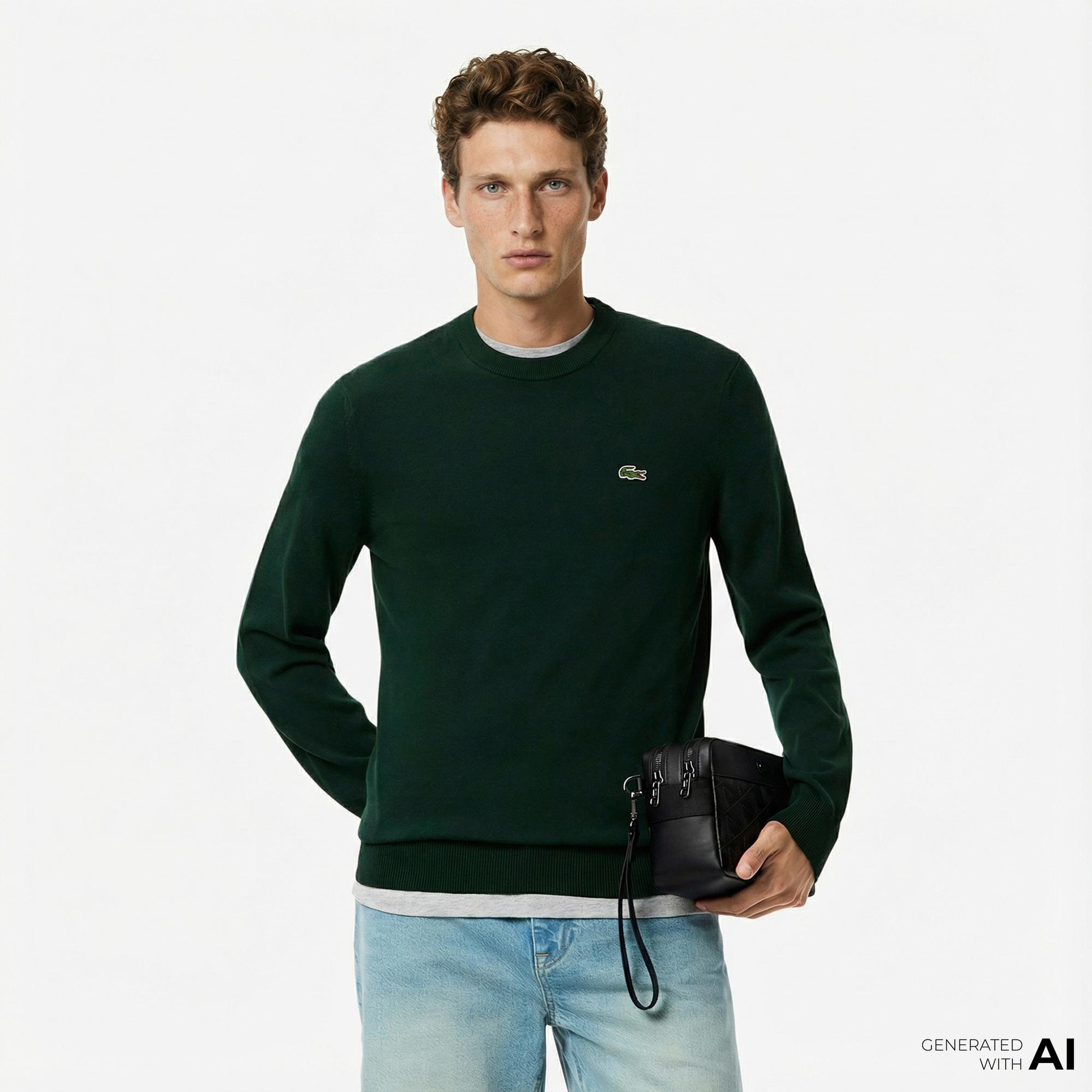 Lacoste Erkek Regular Fit Bisiklet Yaka Koyu Yeşil Kazak