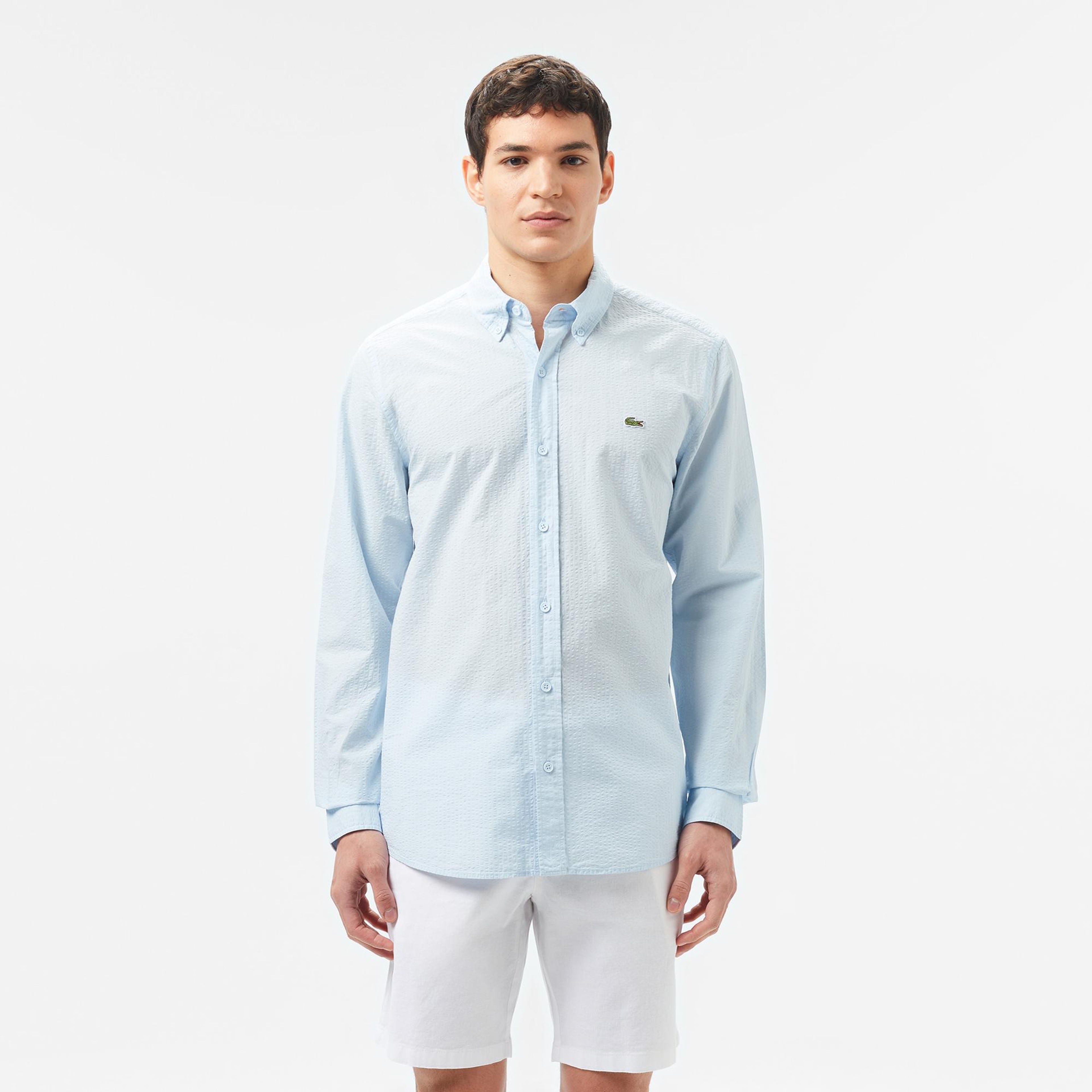 Erkek Slim Fit Düğmeli Yaka Açık Mavi Gömlek