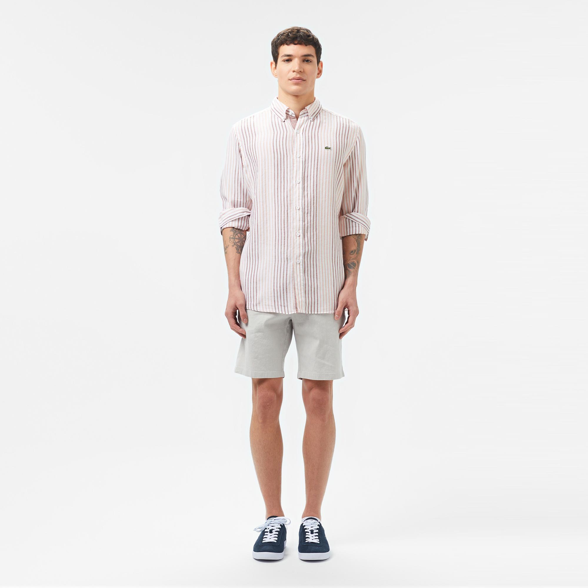 Lacoste Erkek Regular Fit Çizgili Keten Kahverengi Gömlek