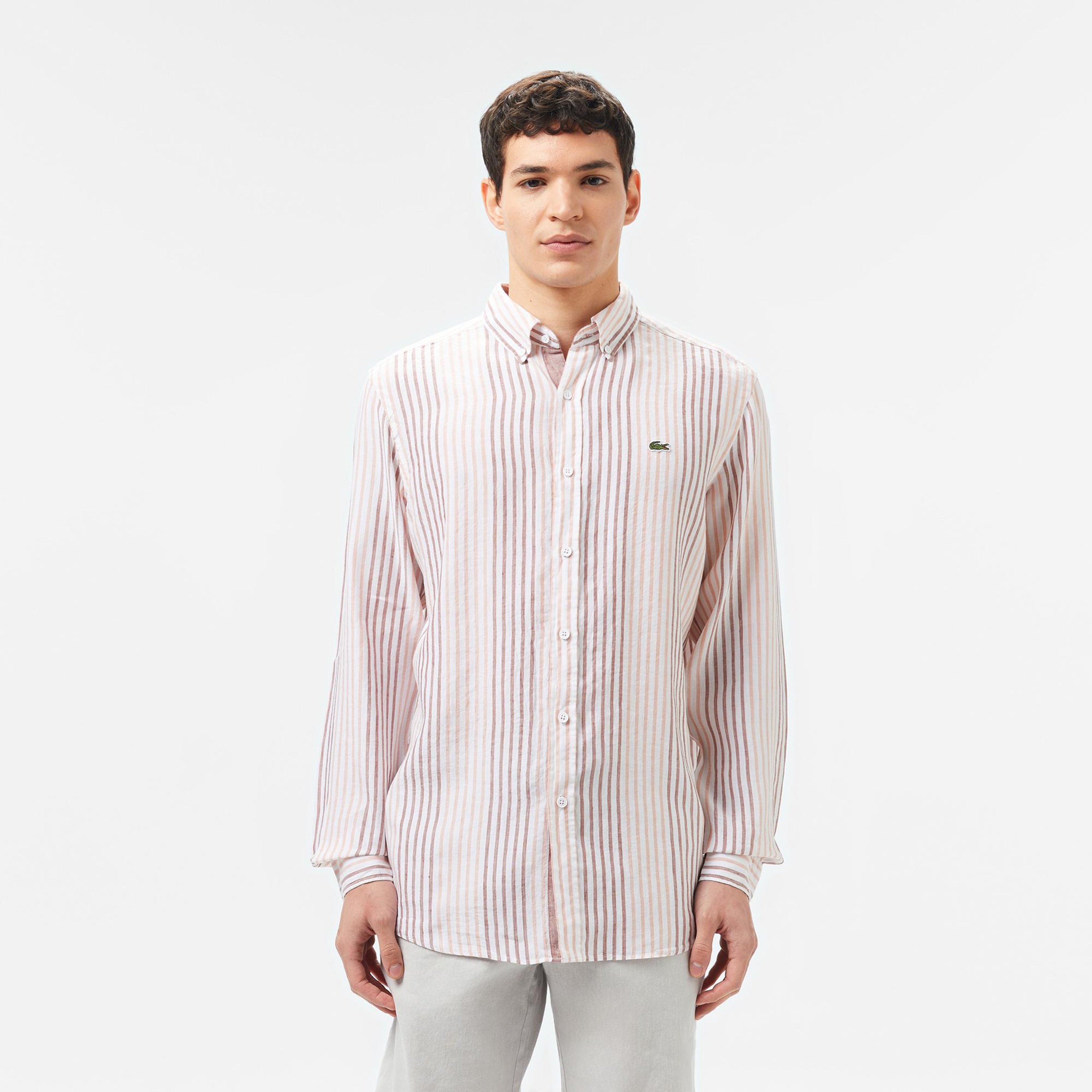 Lacoste Erkek Regular Fit Çizgili Keten Kahverengi Gömlek