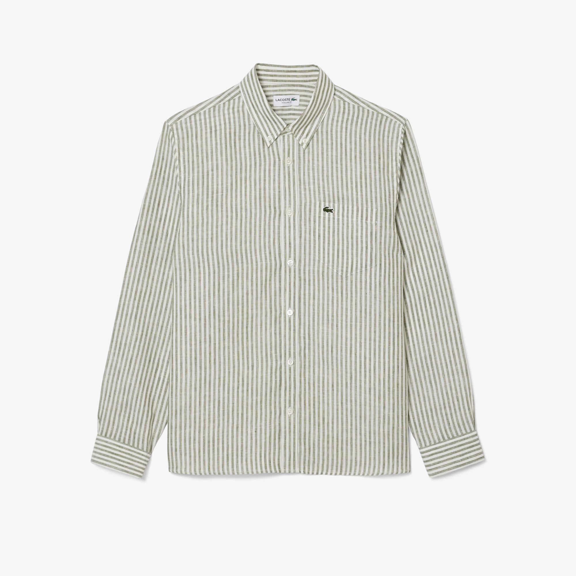 Lacoste Erkek Regular Fit Düğmeli Yaka Çizgili Keten Haki Gömlek
