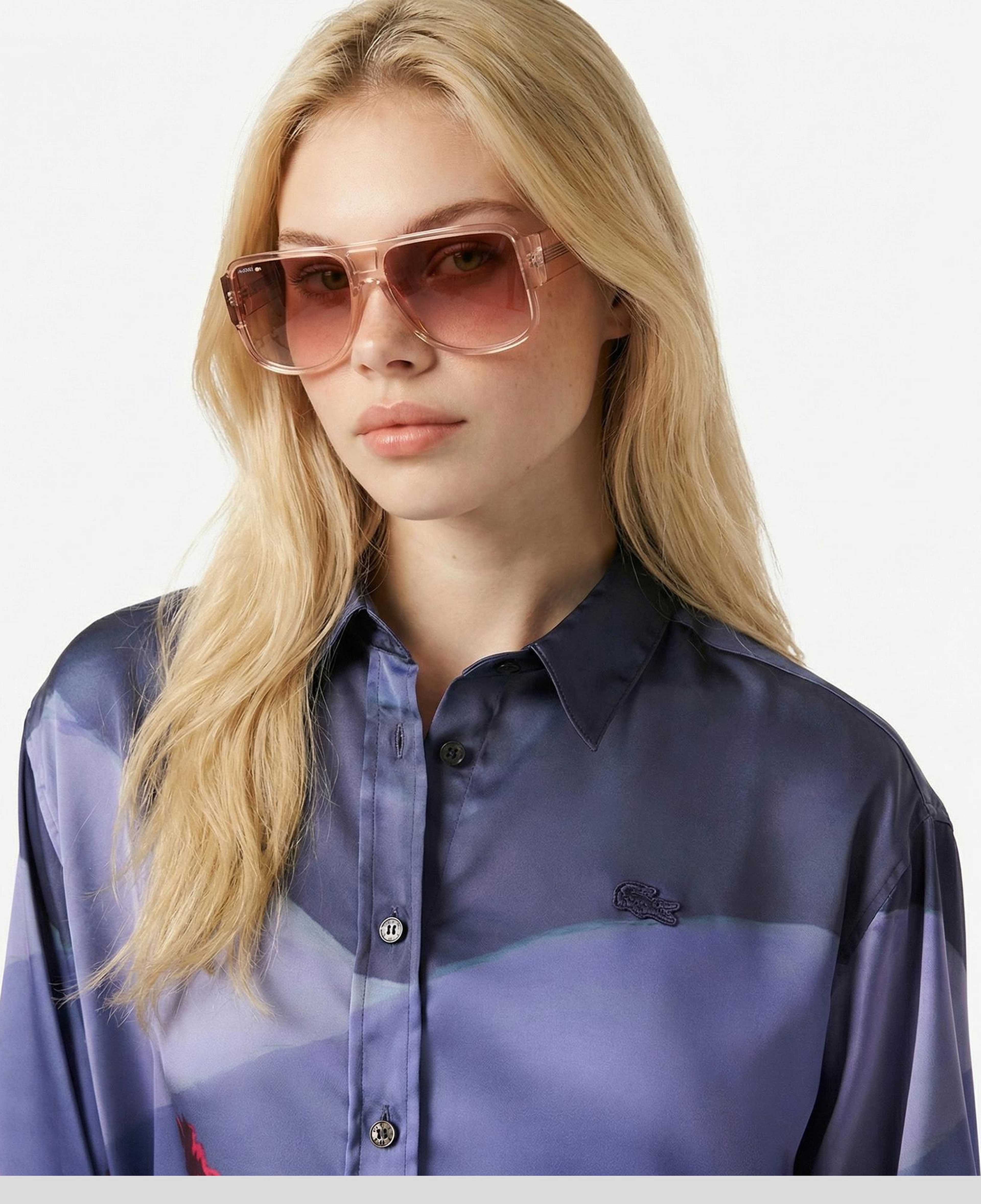 Lacoste Kadın Oversize Fit Baskılı Mor Saten Gömlek