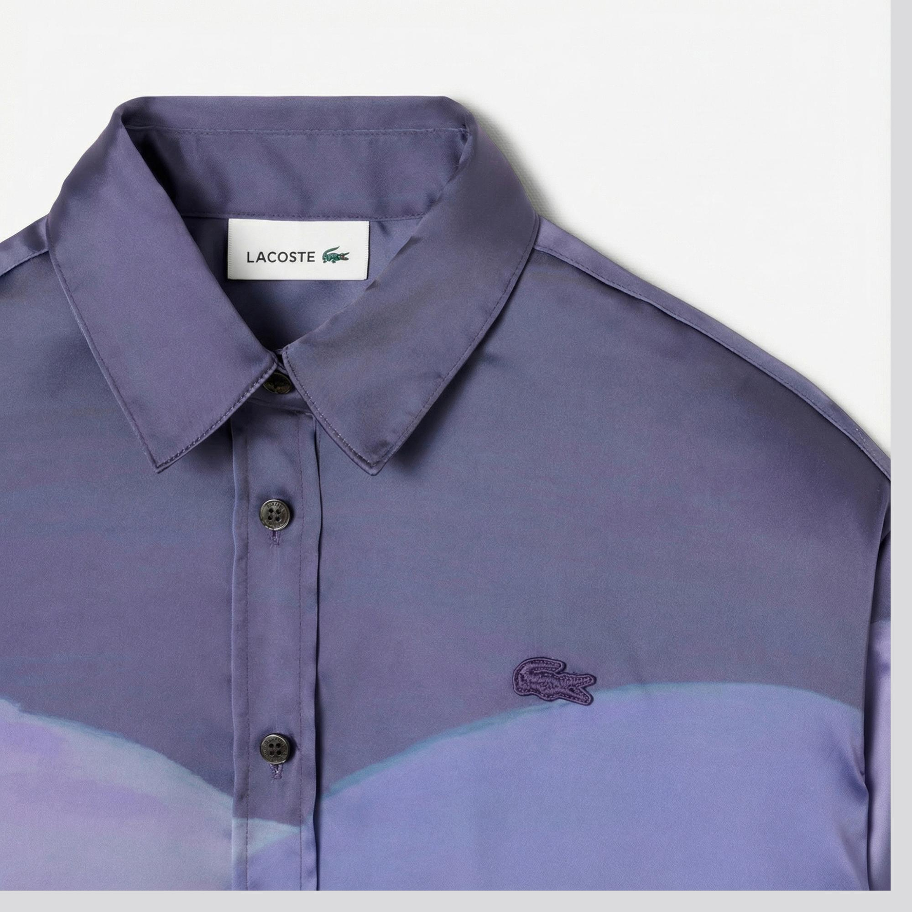 Lacoste Kadın Oversize Fit Baskılı Mor Saten Gömlek