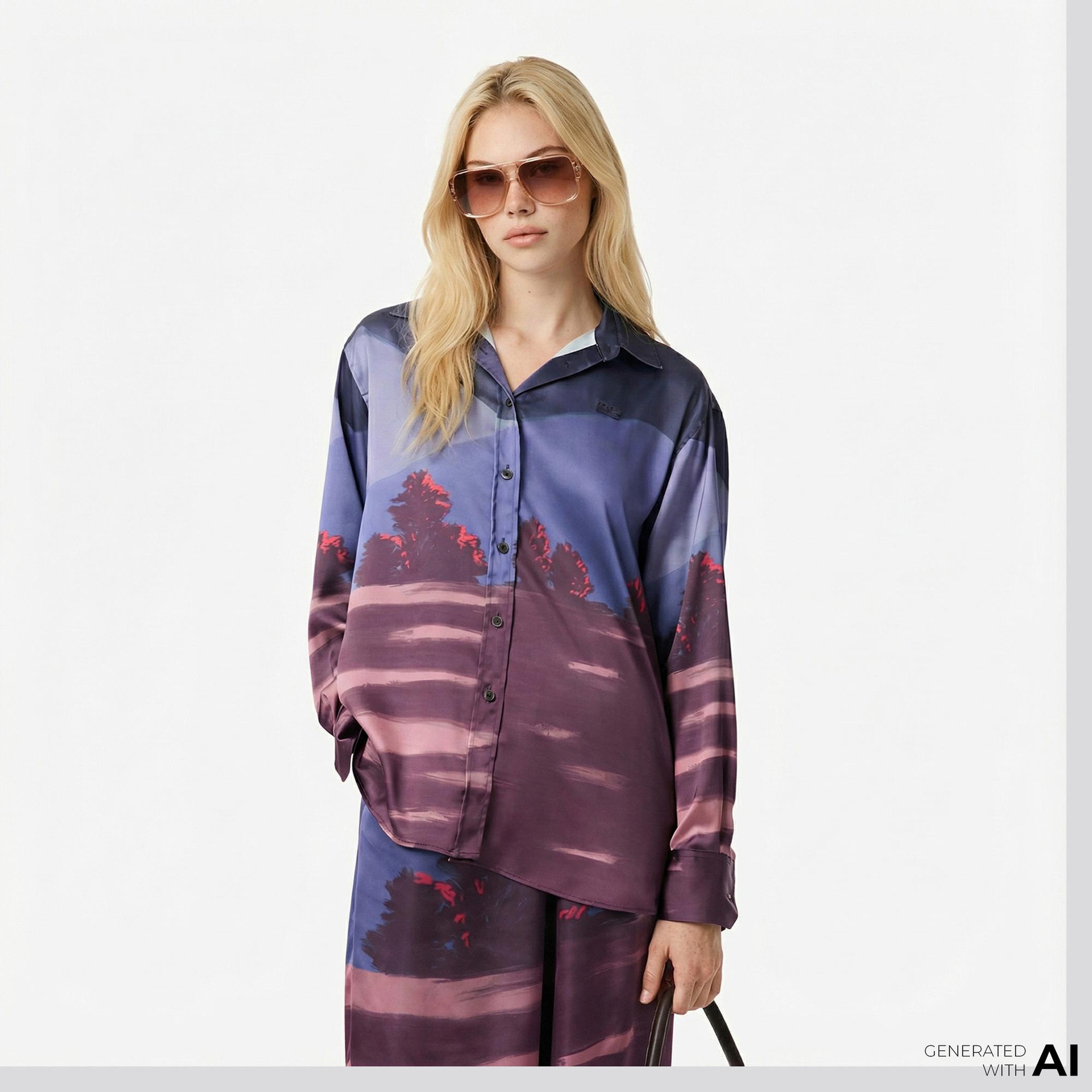 Lacoste Kadın Oversize Fit Baskılı Mor Saten Gömlek