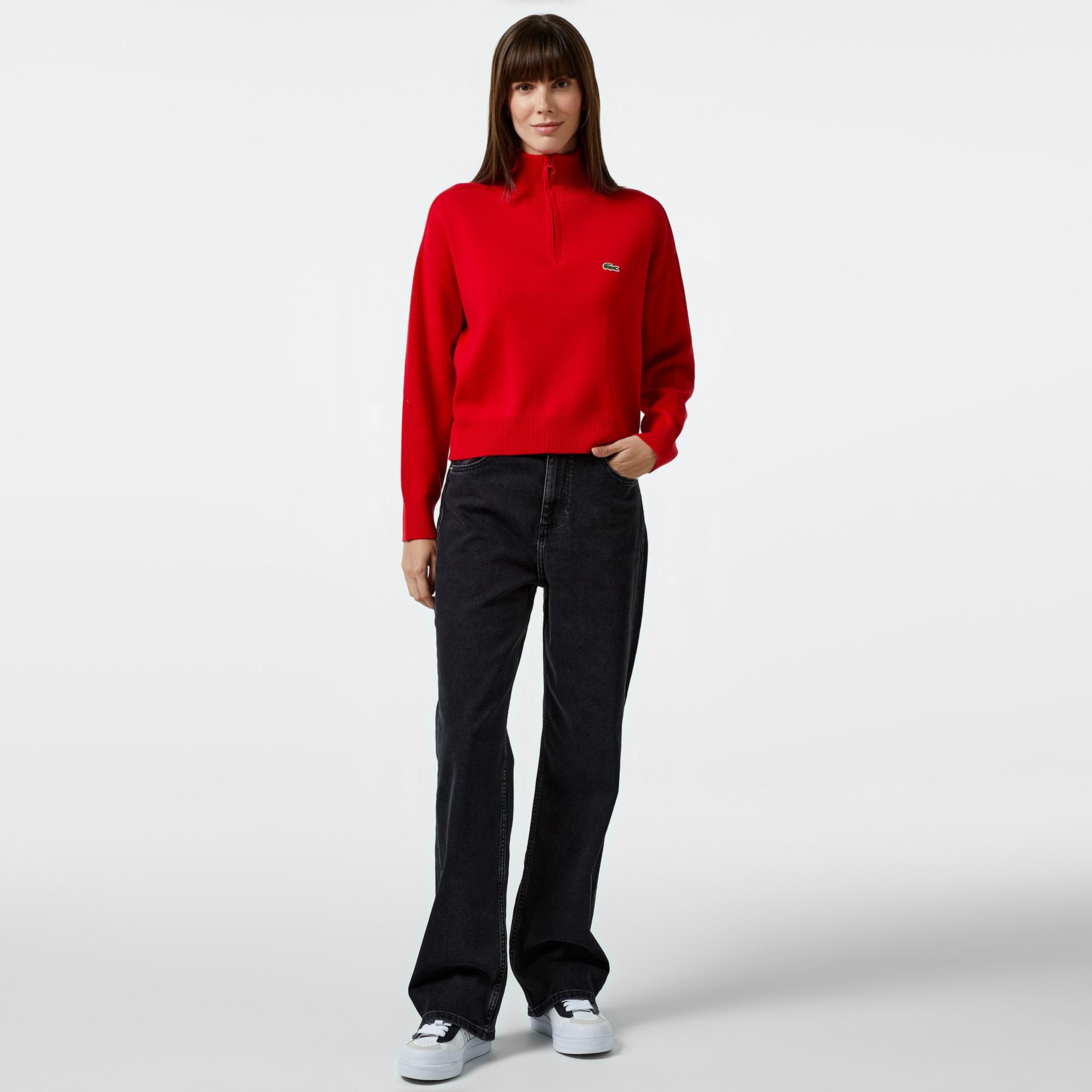 Lacoste Kadın Relaxed Fit Yarım Fermuarlı Kırmızı Triko