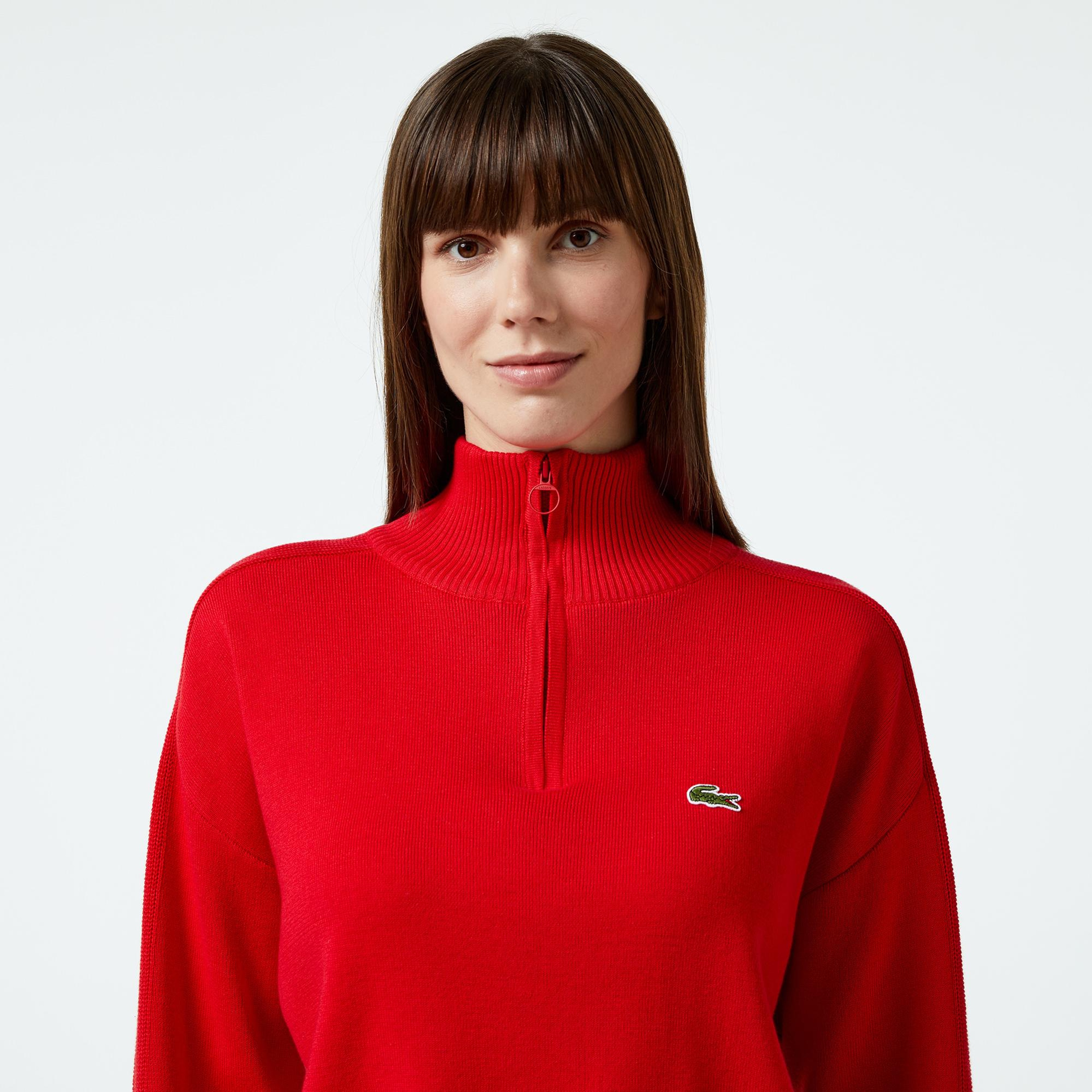 Lacoste Kadın Relaxed Fit Yarım Fermuarlı Kırmızı Triko