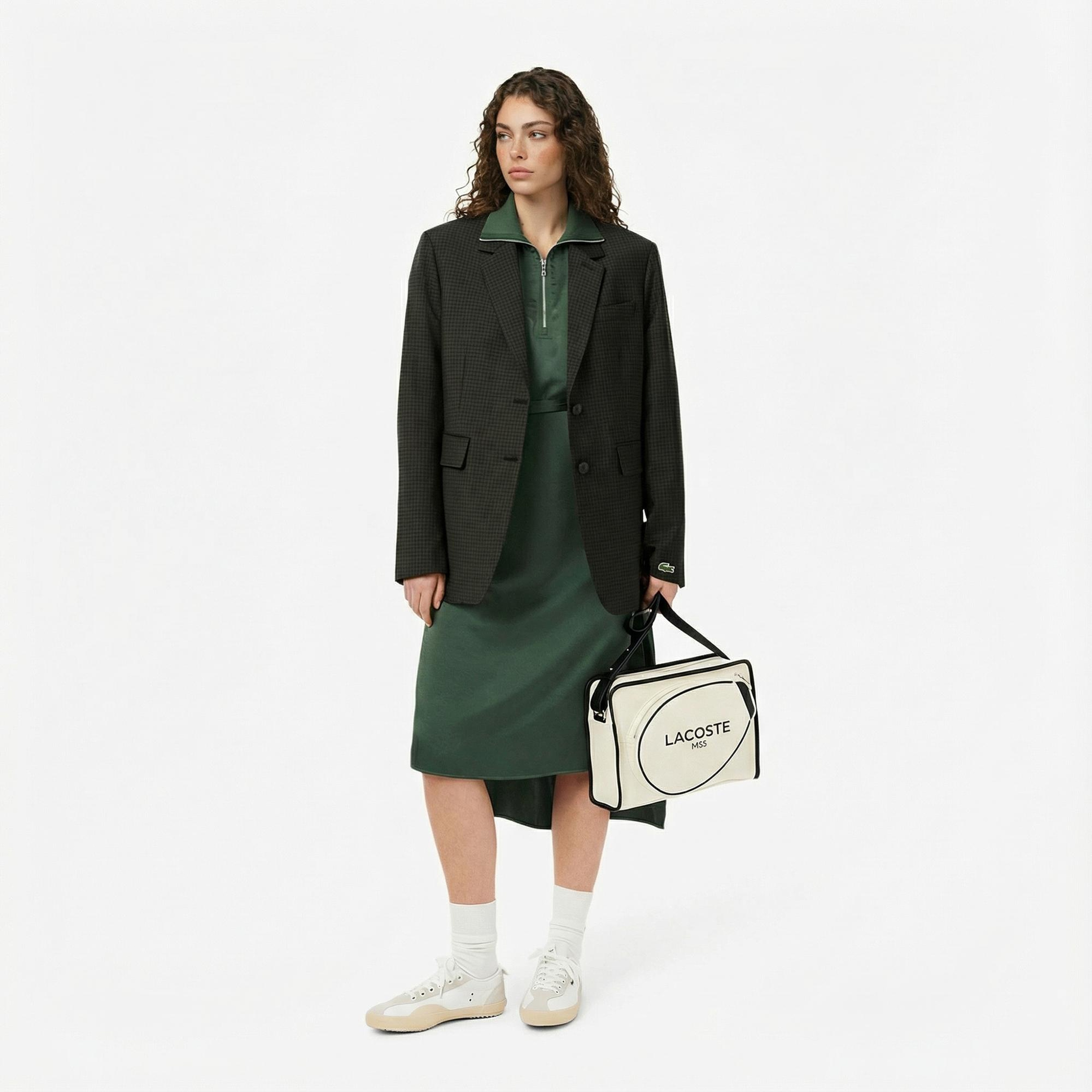 Lacoste Kadın Relaxed Fit Uzun Kollu Yarım Fermuarlı Koyu Yeşil Elbise