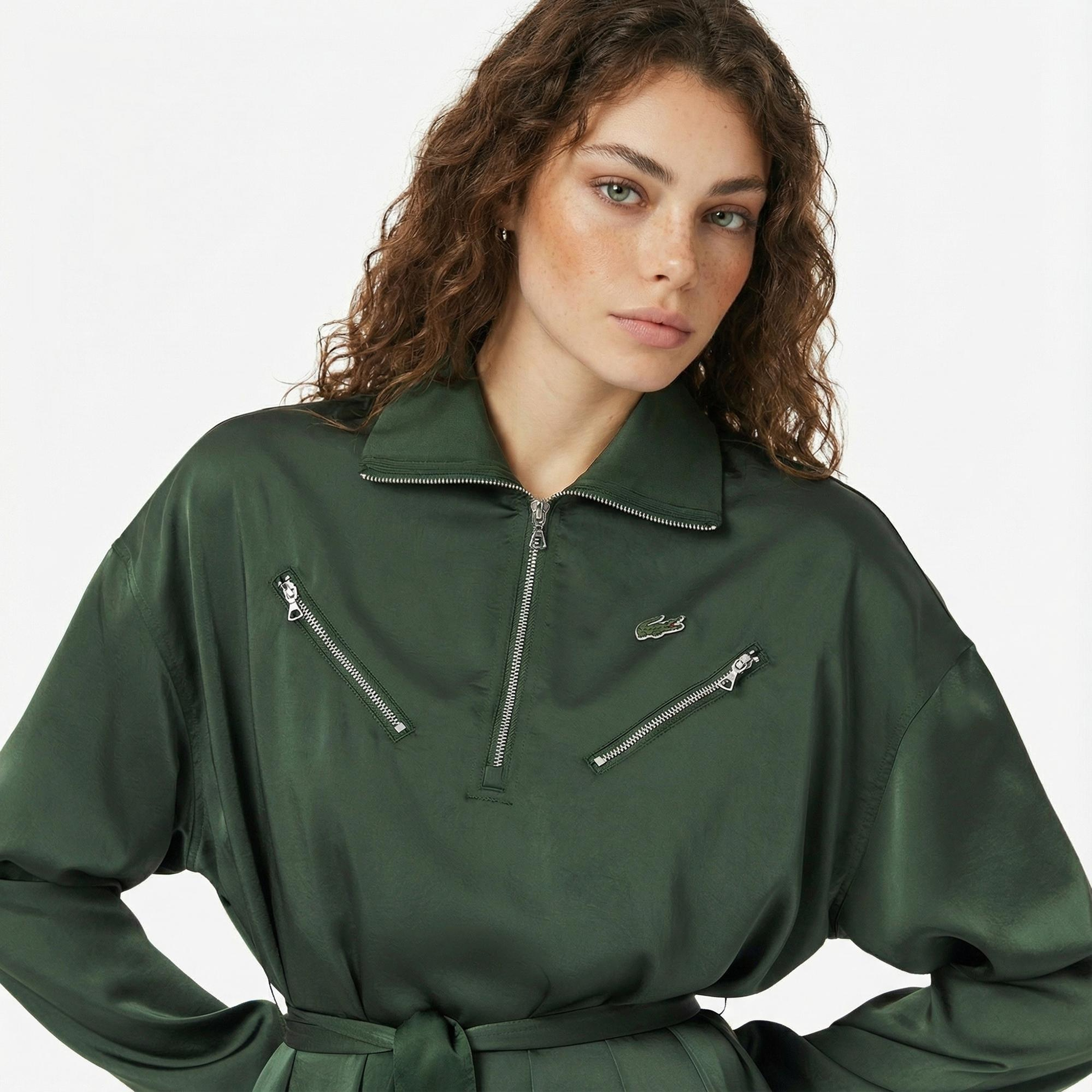 Lacoste Kadın Relaxed Fit Uzun Kollu Yarım Fermuarlı Koyu Yeşil Elbise