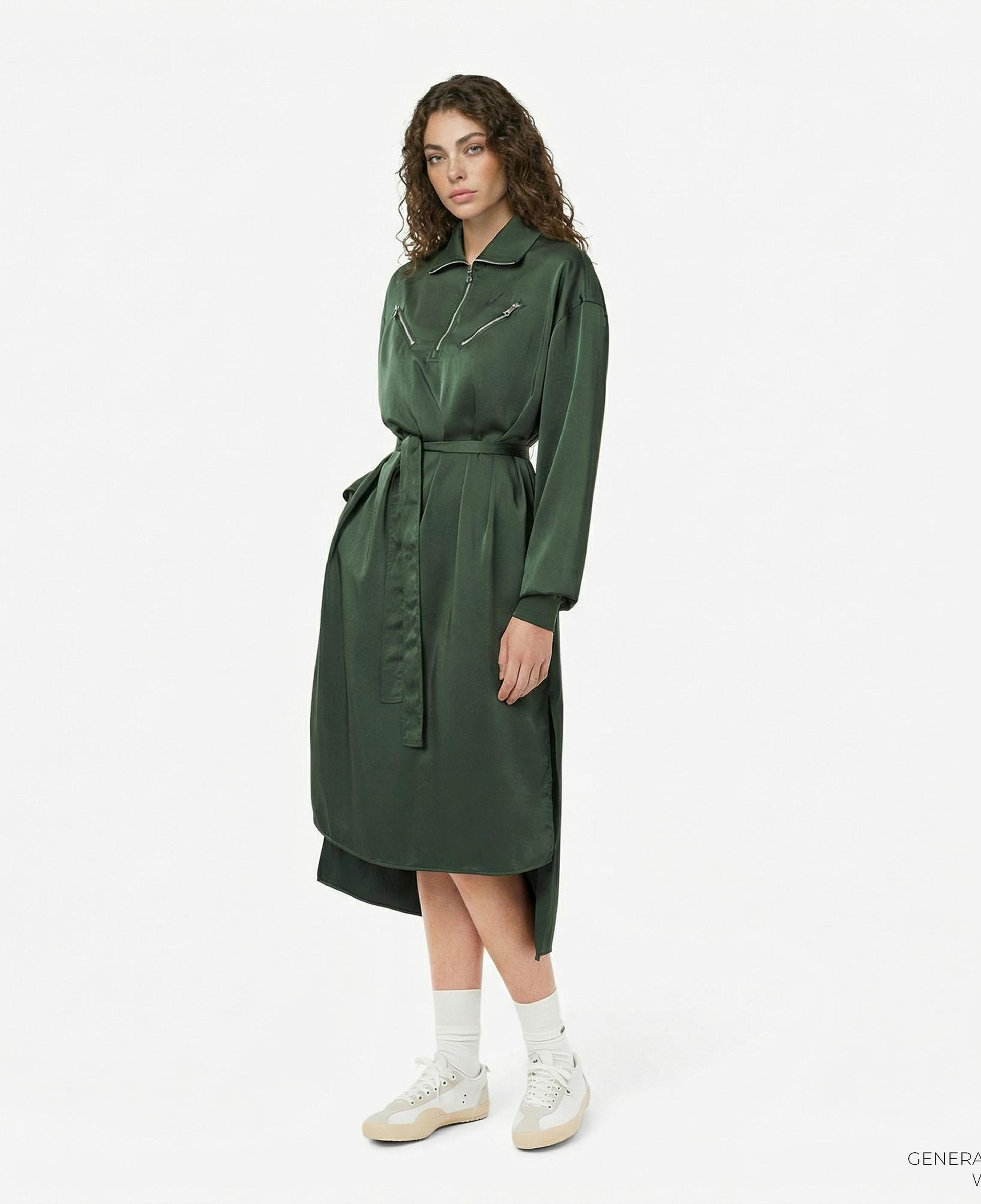 Lacoste Kadın Relaxed Fit Uzun Kollu Yarım Fermuarlı Koyu Yeşil Elbise