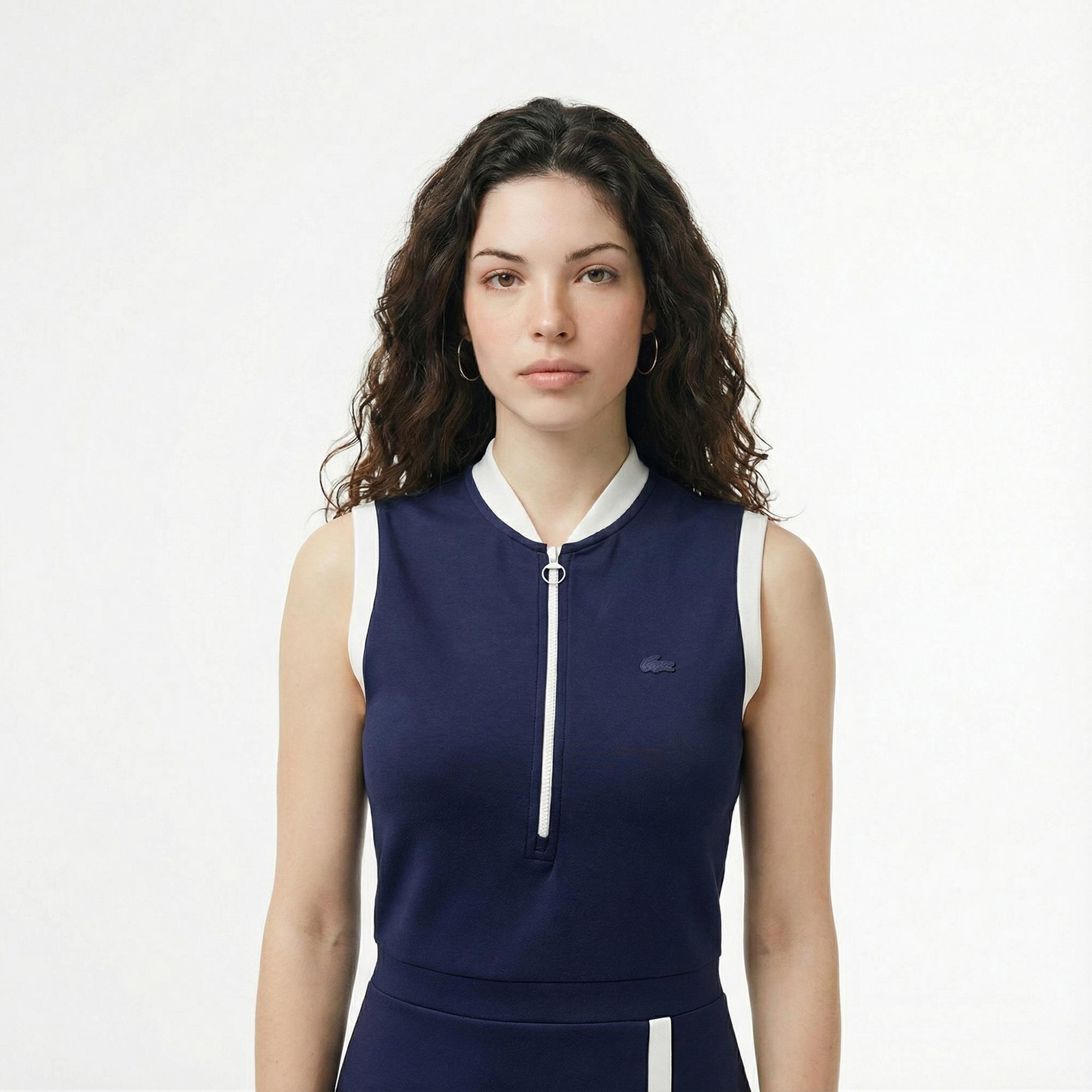 Lacoste Kadın Regular Fit Kolsuz Yarım Fermuarlı Renk Bloklu Lacivert Elbise