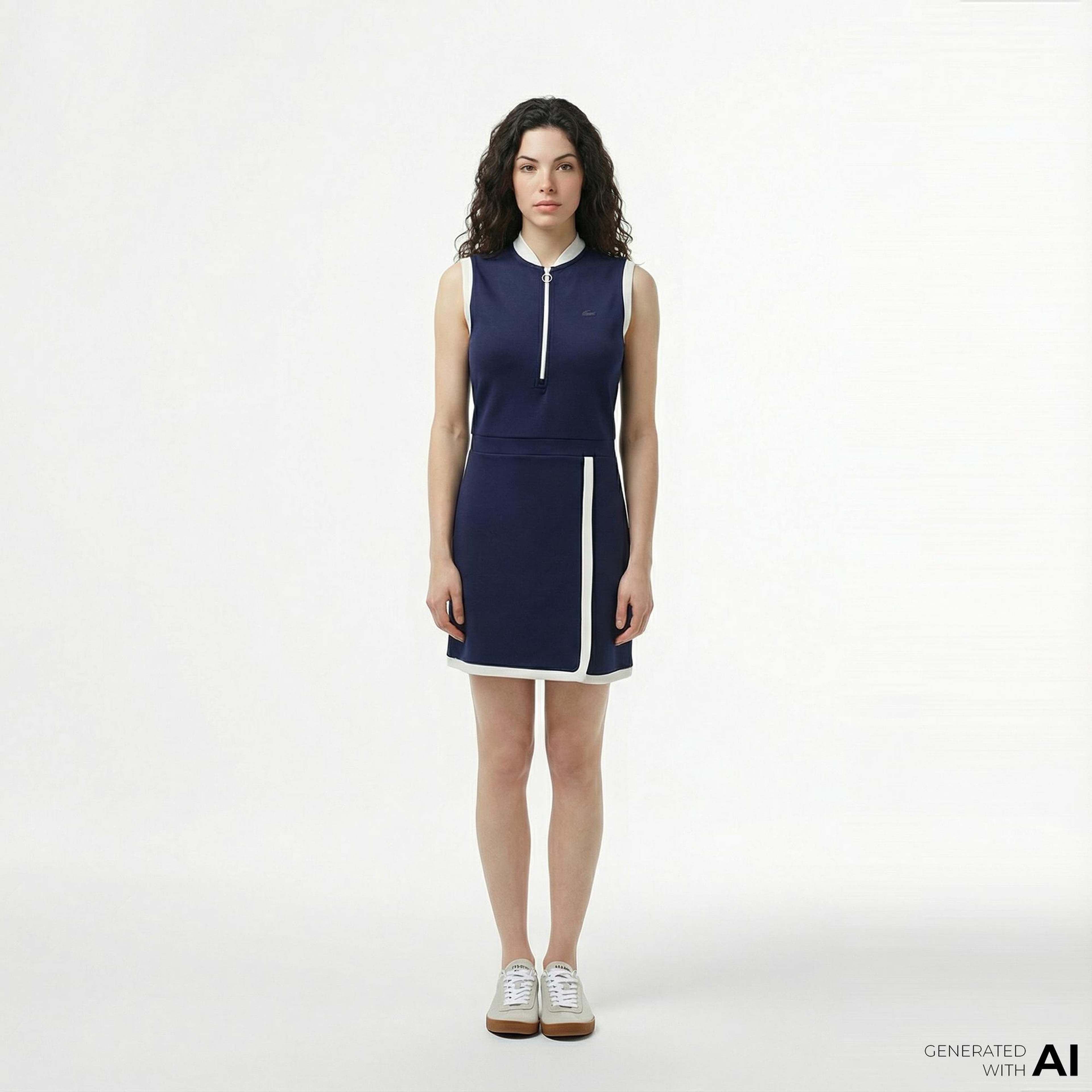 Lacoste Kadın Regular Fit Kolsuz Yarım Fermuarlı Renk Bloklu Lacivert Elbise