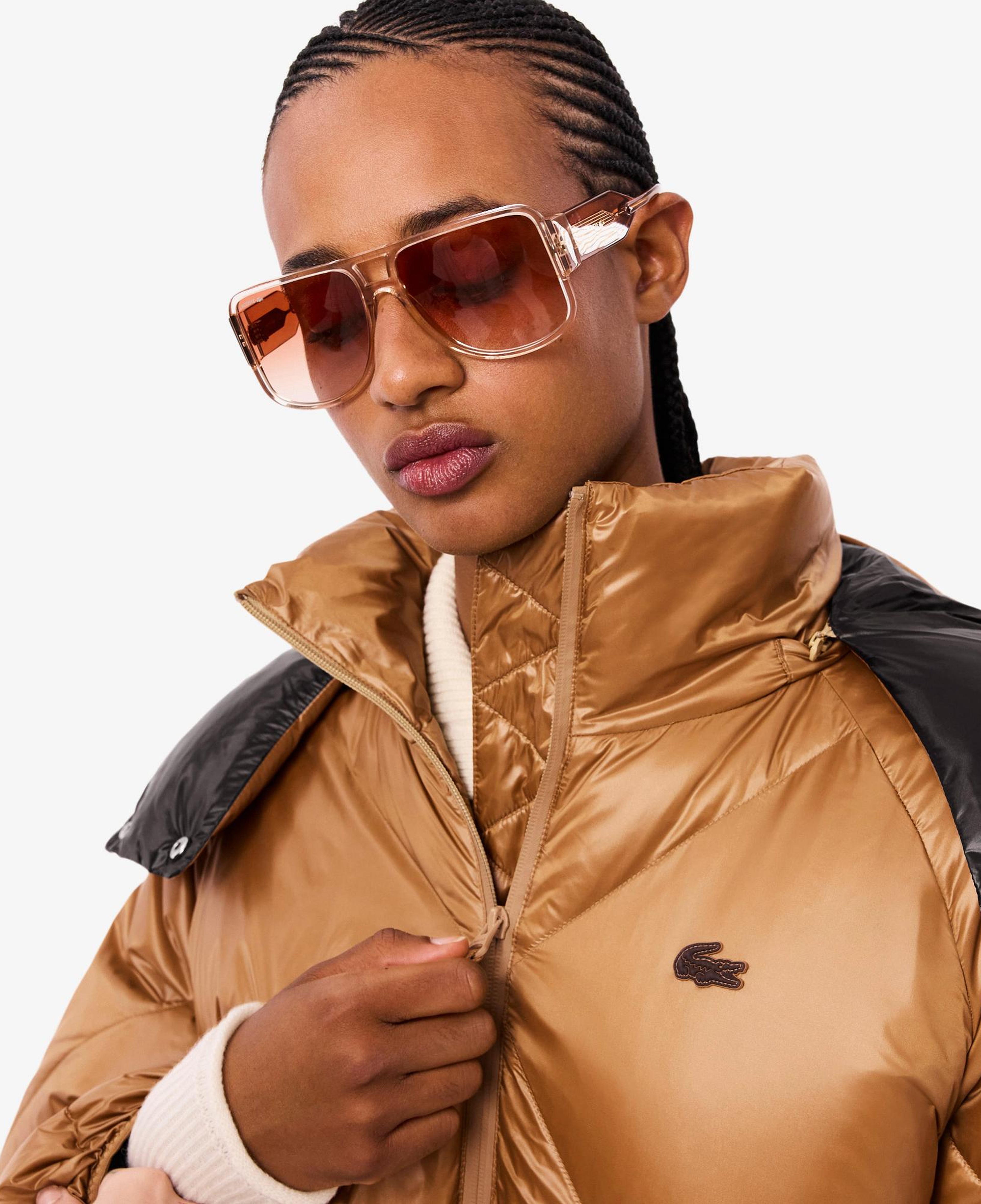 Lacoste Kadın Oversize Fit Kapüşonlu Kapitone Açık Kahverengi Mont