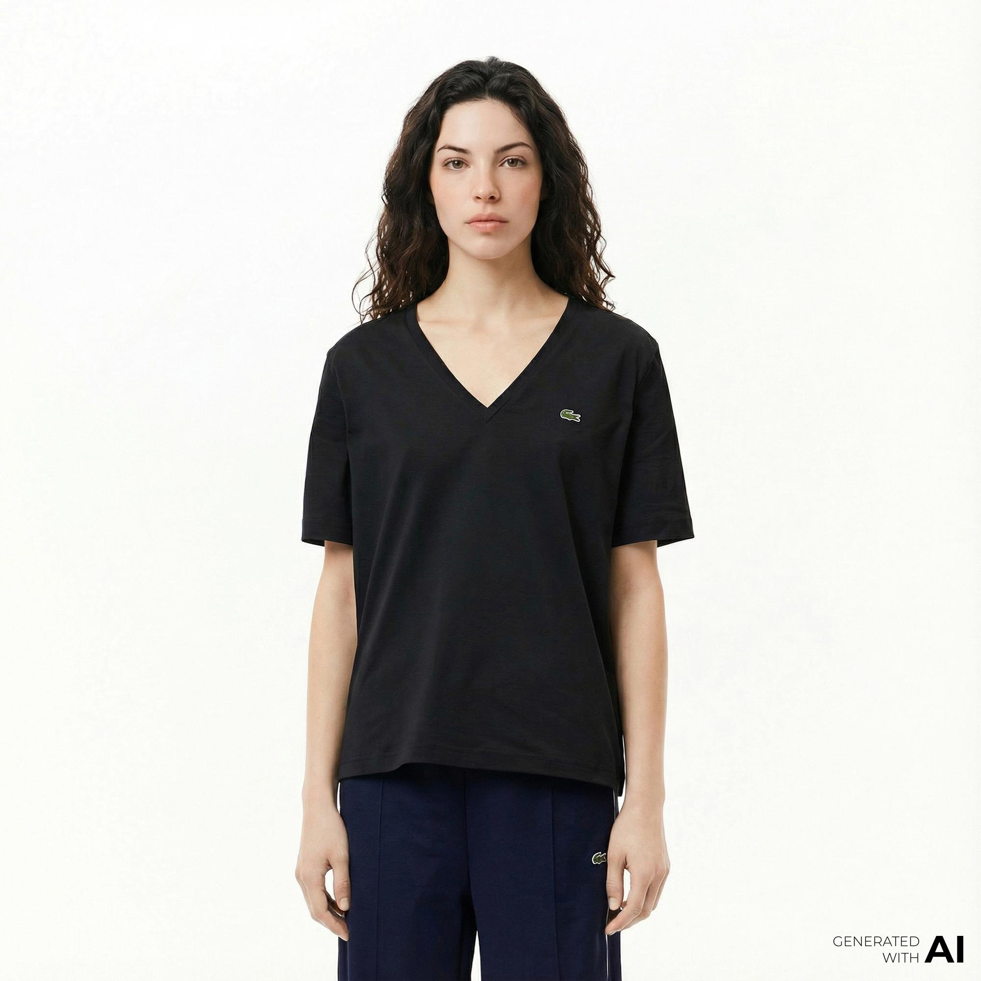 Lacoste Kadın Relaxed Fit V Yaka Siyah T-Shirt