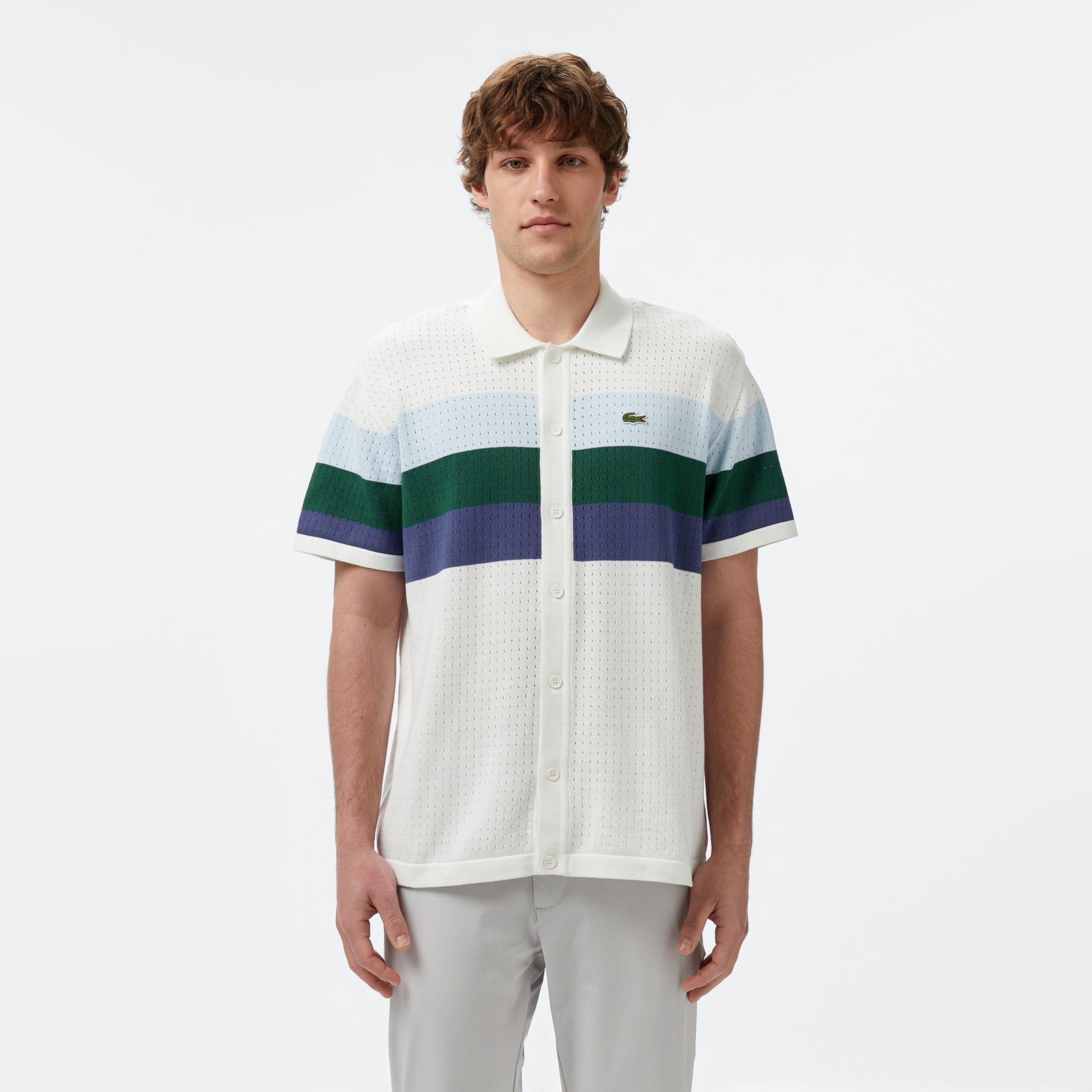 Lacoste Erkek Kısa Kollu Polo Yaka Çizgili Beyaz Triko