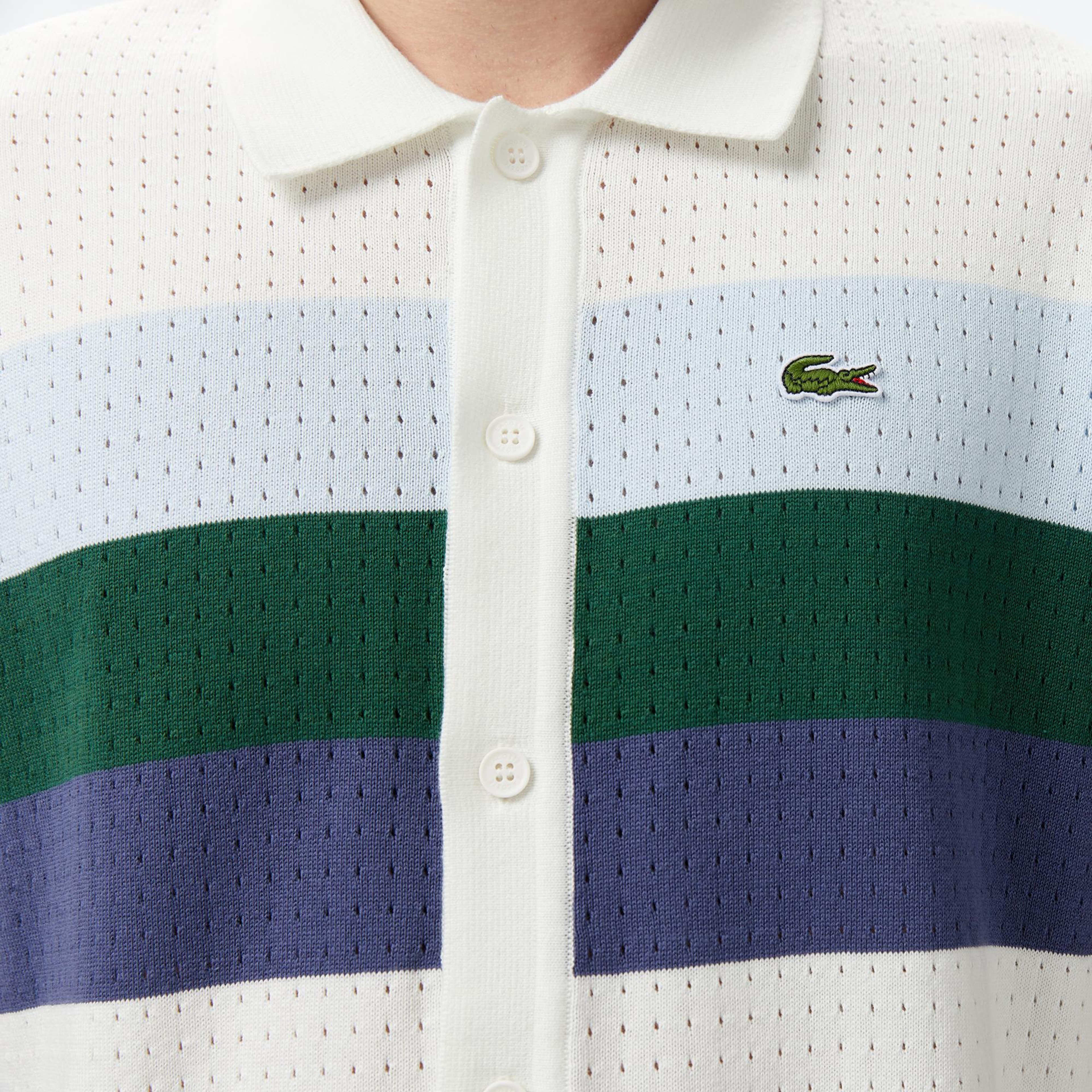 Lacoste Erkek Kısa Kollu Polo Yaka Çizgili Beyaz Triko