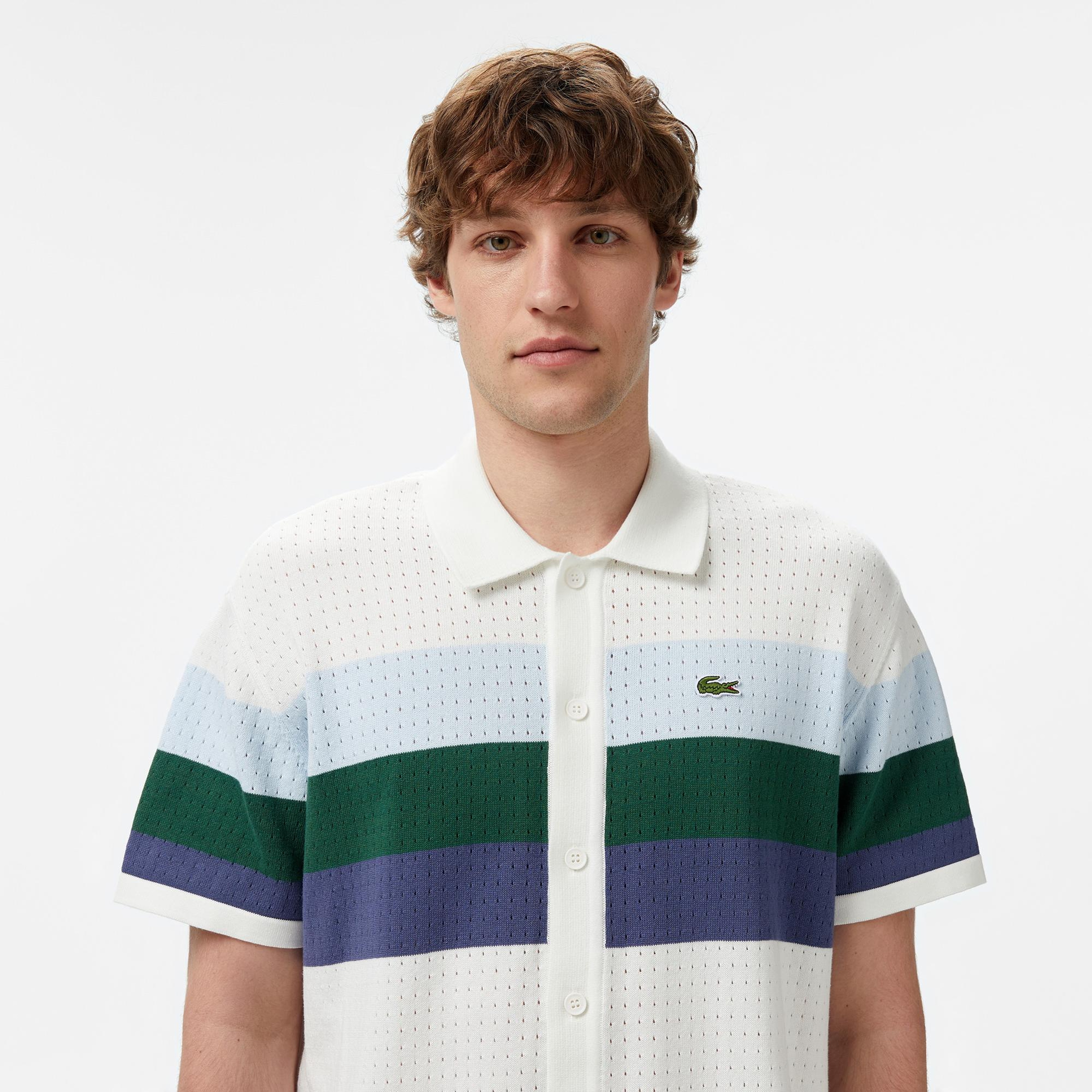 Lacoste Erkek Kısa Kollu Polo Yaka Çizgili Beyaz Triko