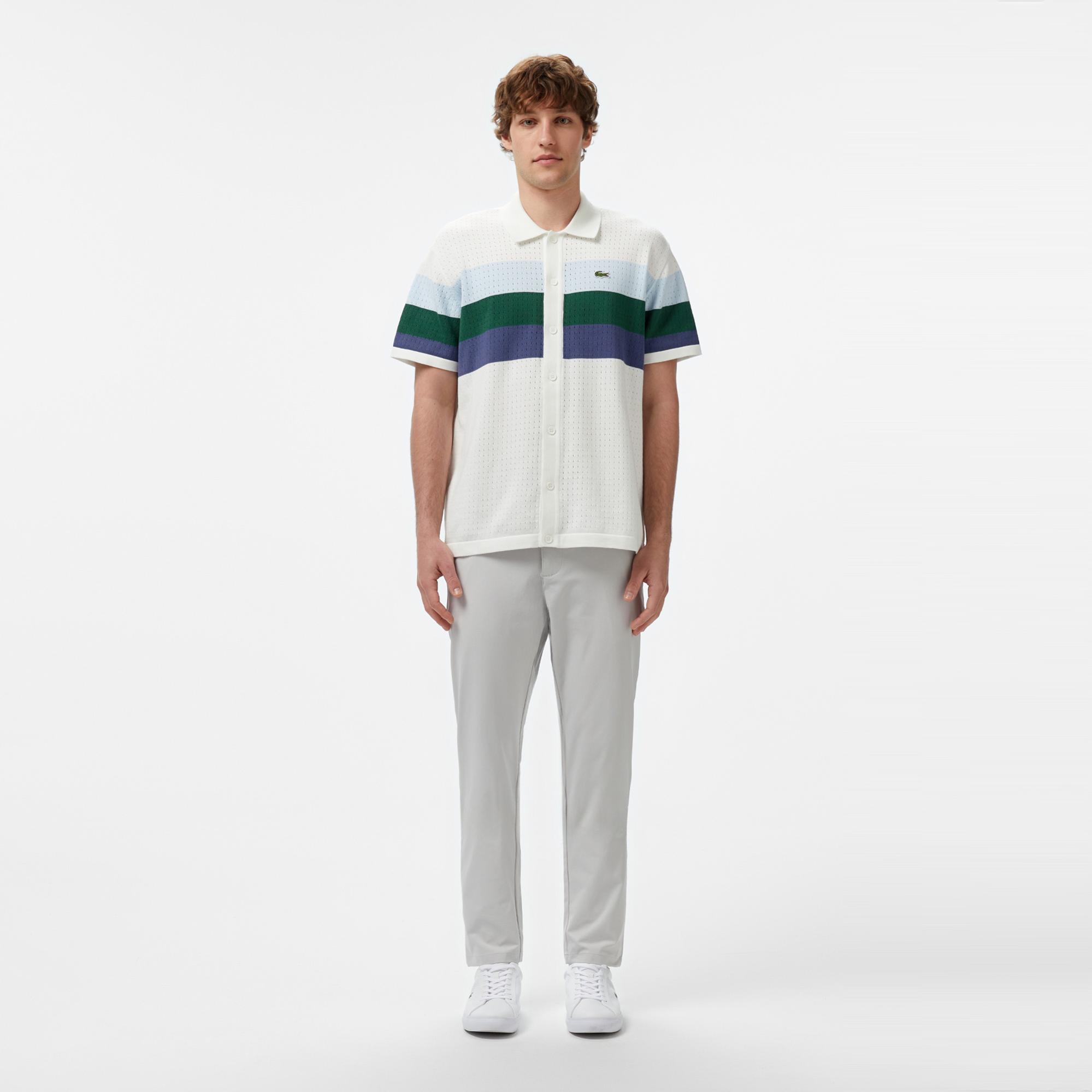 Lacoste Erkek Kısa Kollu Polo Yaka Çizgili Beyaz Triko