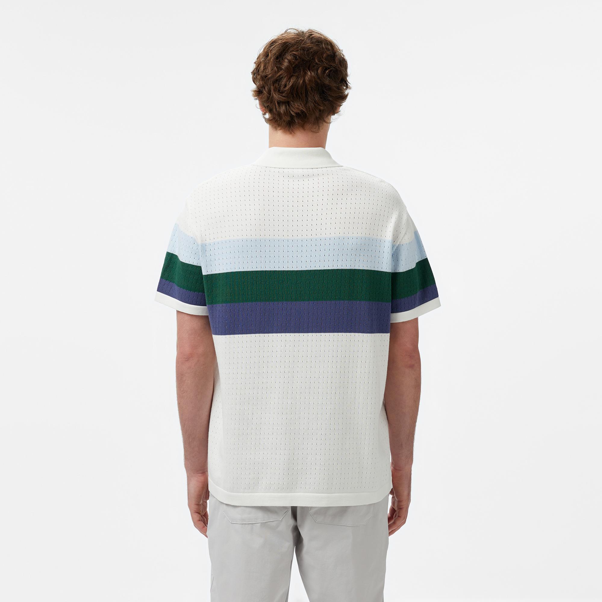 Lacoste Erkek Kısa Kollu Polo Yaka Çizgili Beyaz Triko