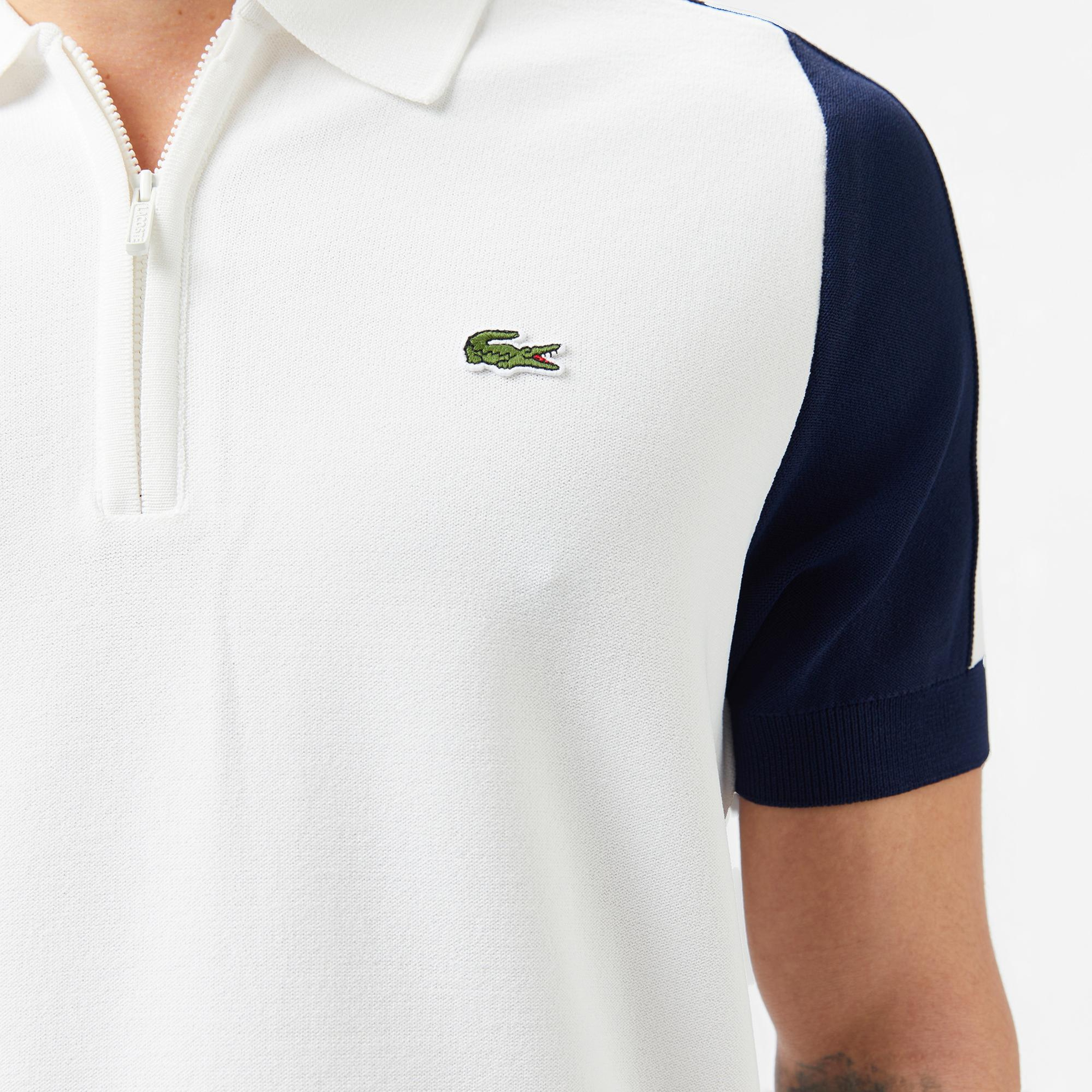 Lacoste Erkek Kısa Kollu Yarım Fermuarlı Renk Bloklu Beyaz Triko