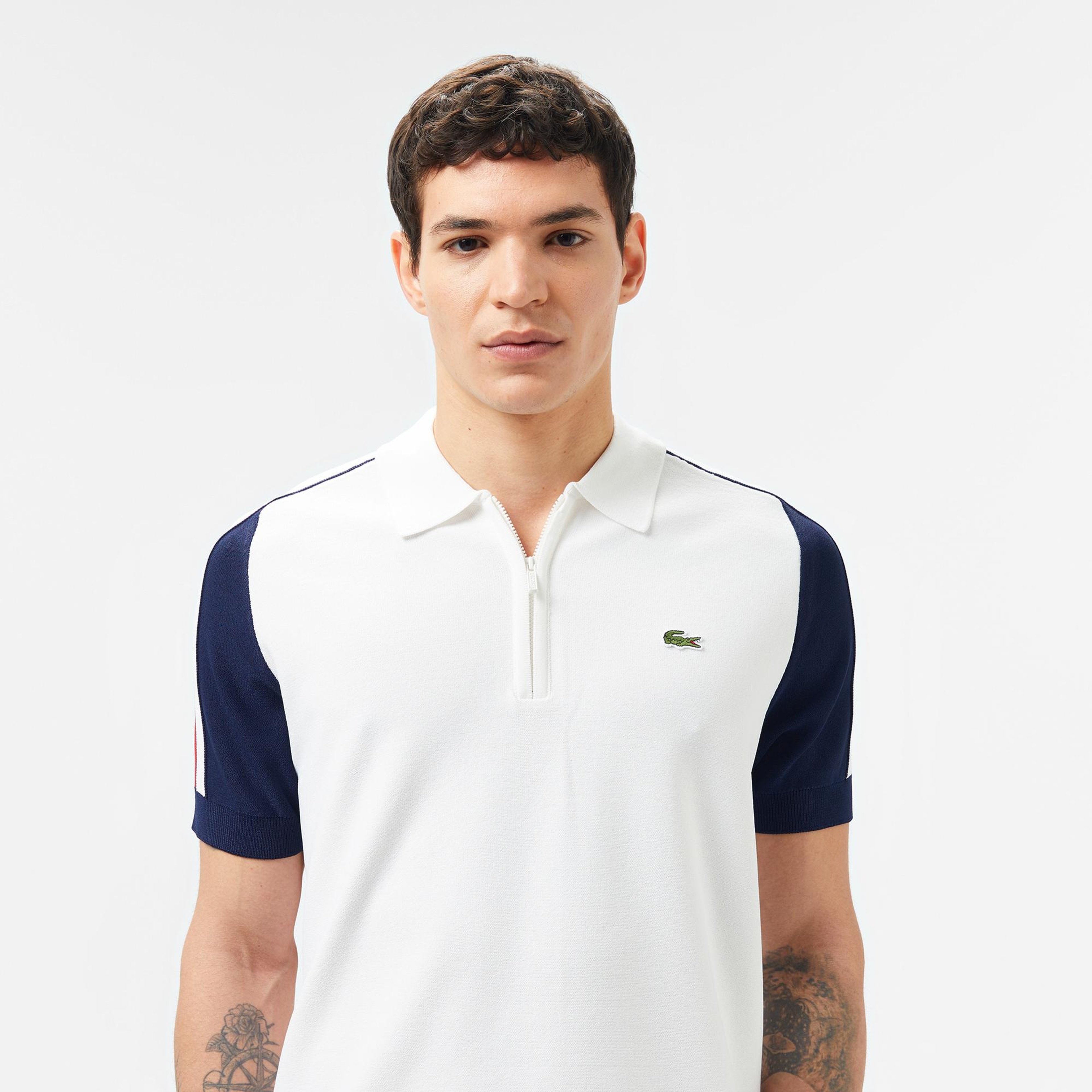Lacoste Erkek Kısa Kollu Yarım Fermuarlı Renk Bloklu Beyaz Triko