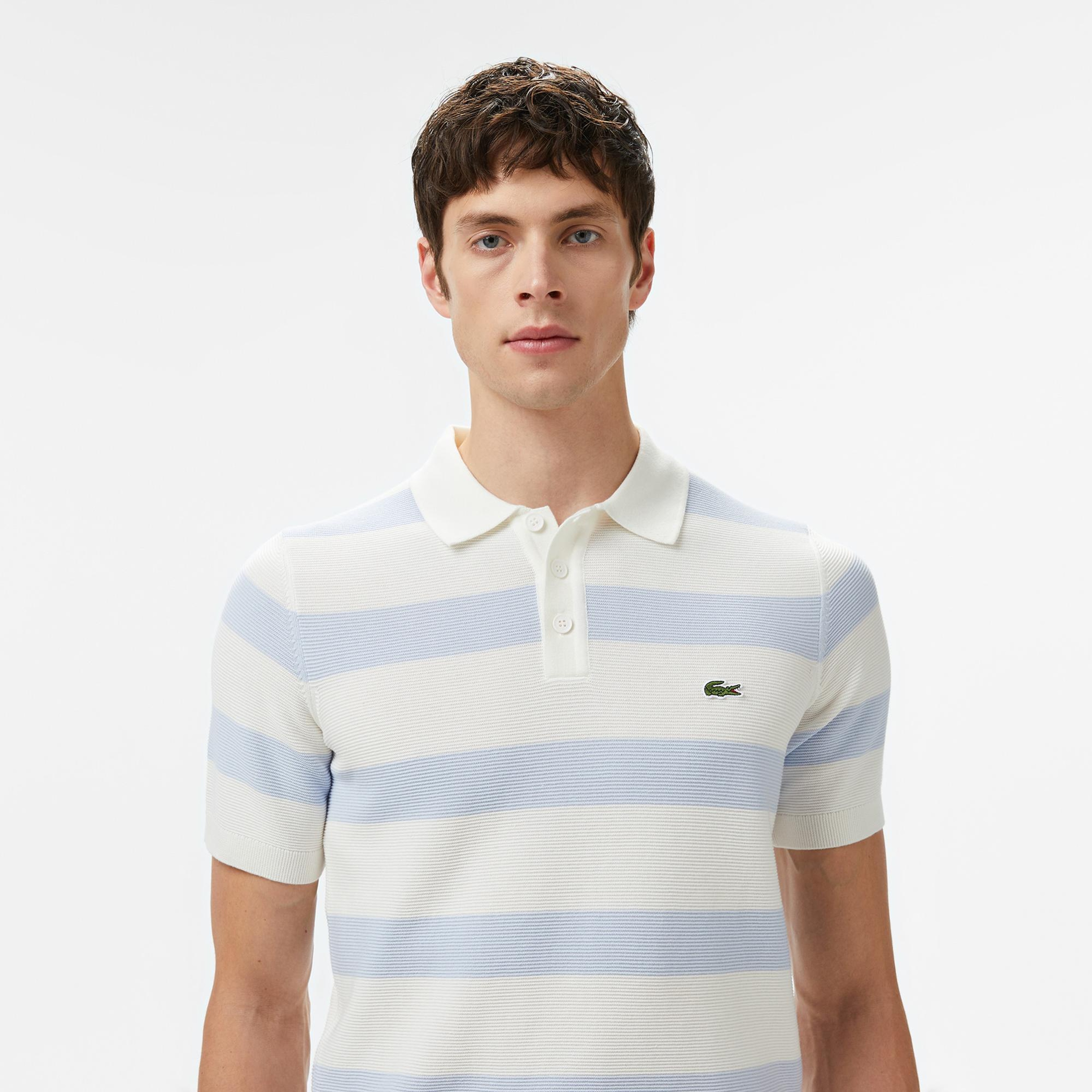 Lacoste Erkek Gömlek Yaka Çizgili Açık Mavi Triko