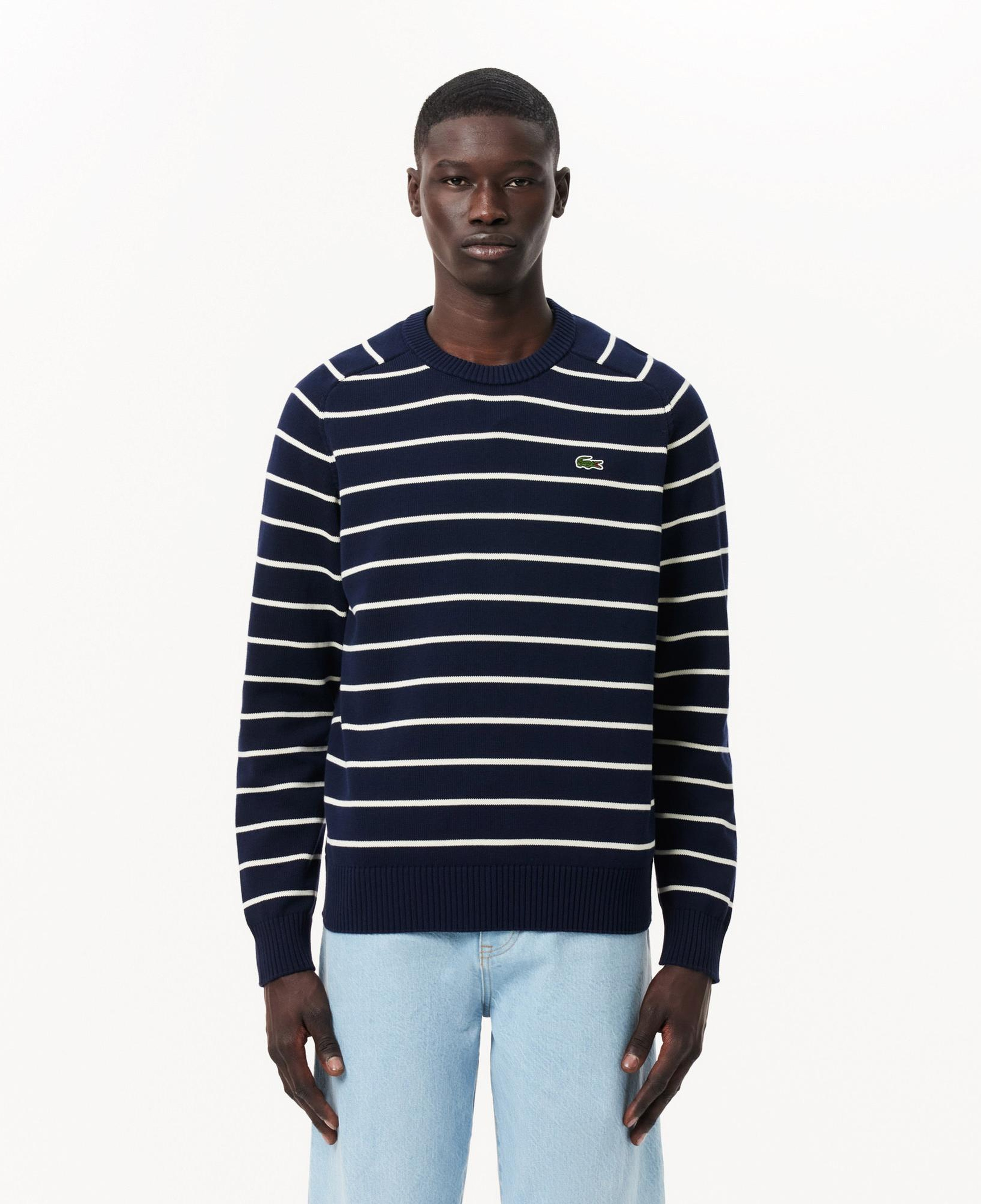 Lacoste Erkek Classic Fit Bisiklet Yaka Çizgili Lacivert Kazak