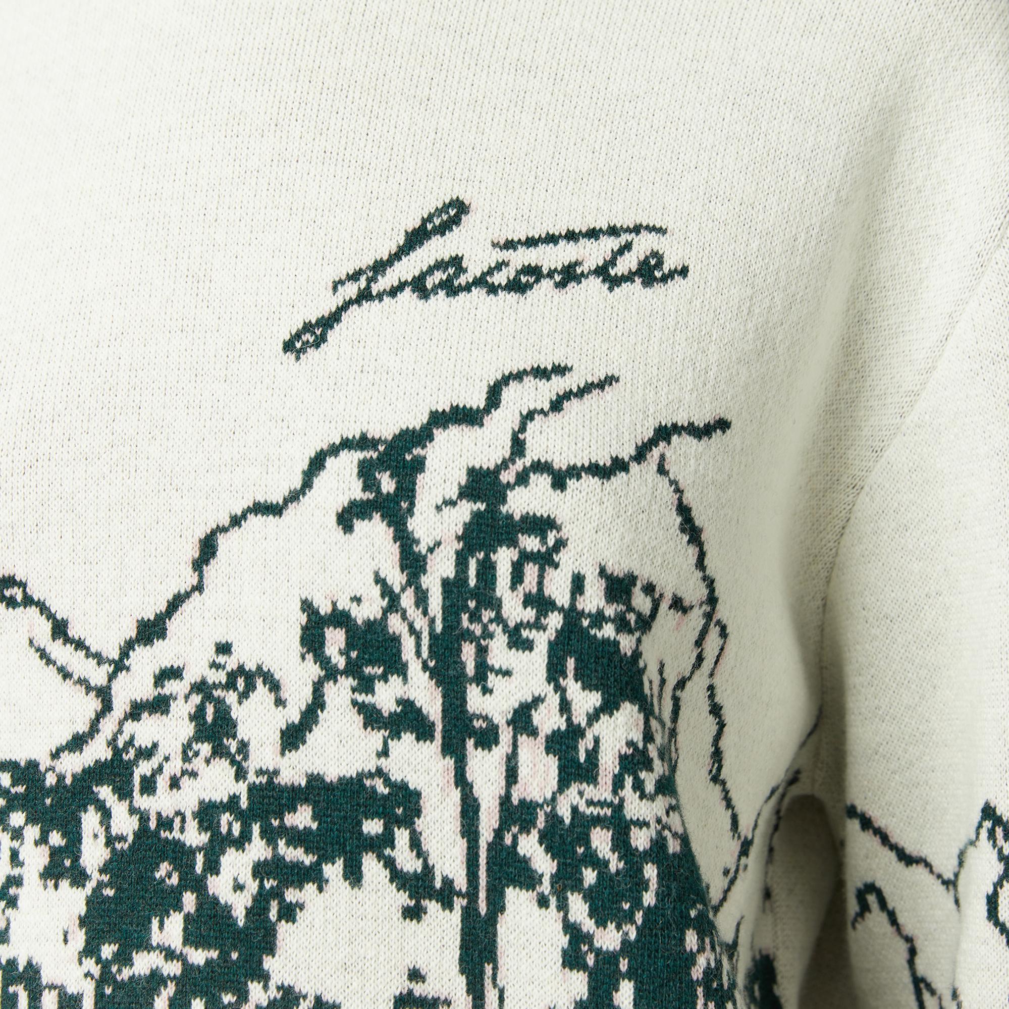 Lacoste Kadın Relaxed Fit Bisiklet Yaka Desenli Krem Kazak